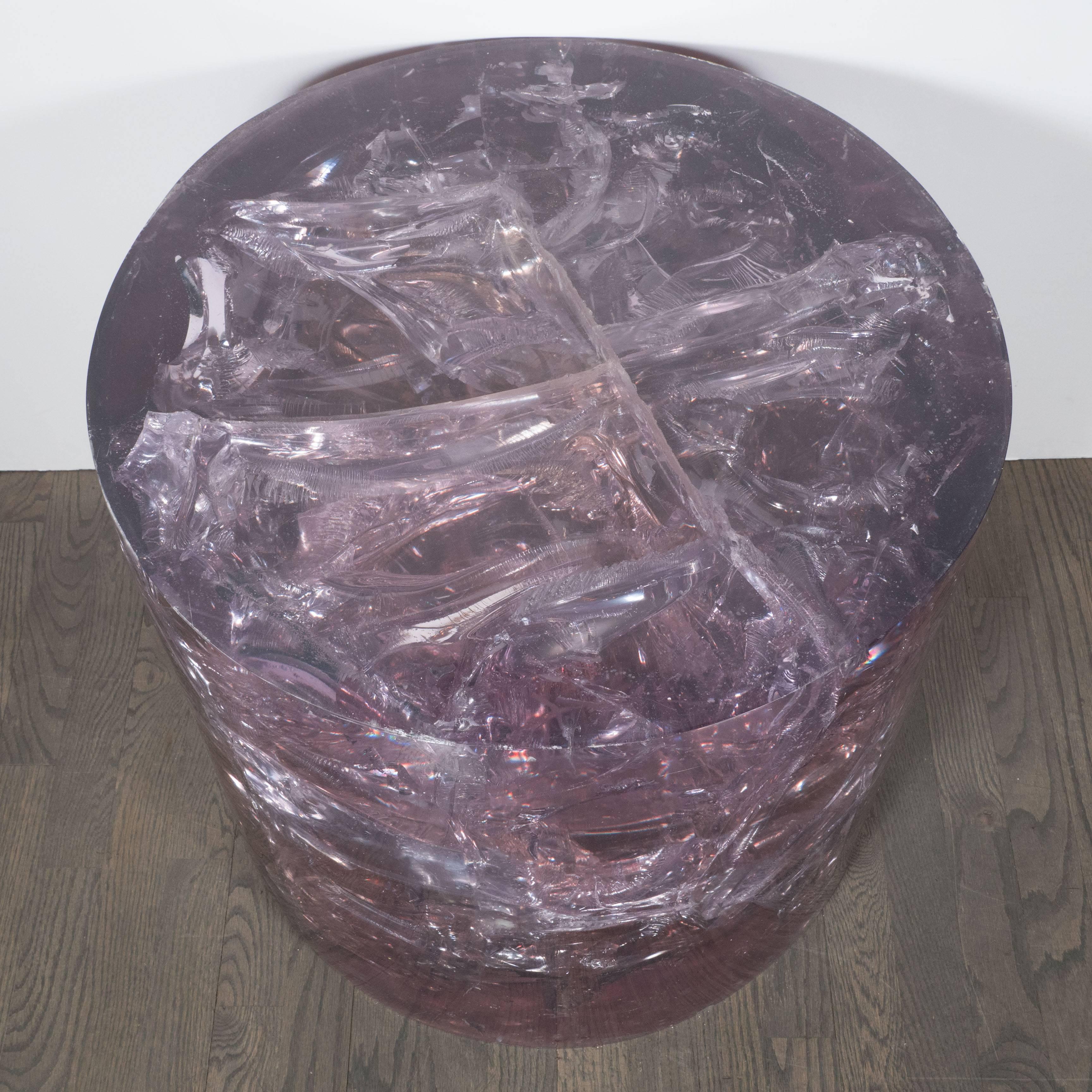 Mid-Century Modern Cylindrical Fractured Resin Side Table by Pierre Giraudon, French, circa 1960