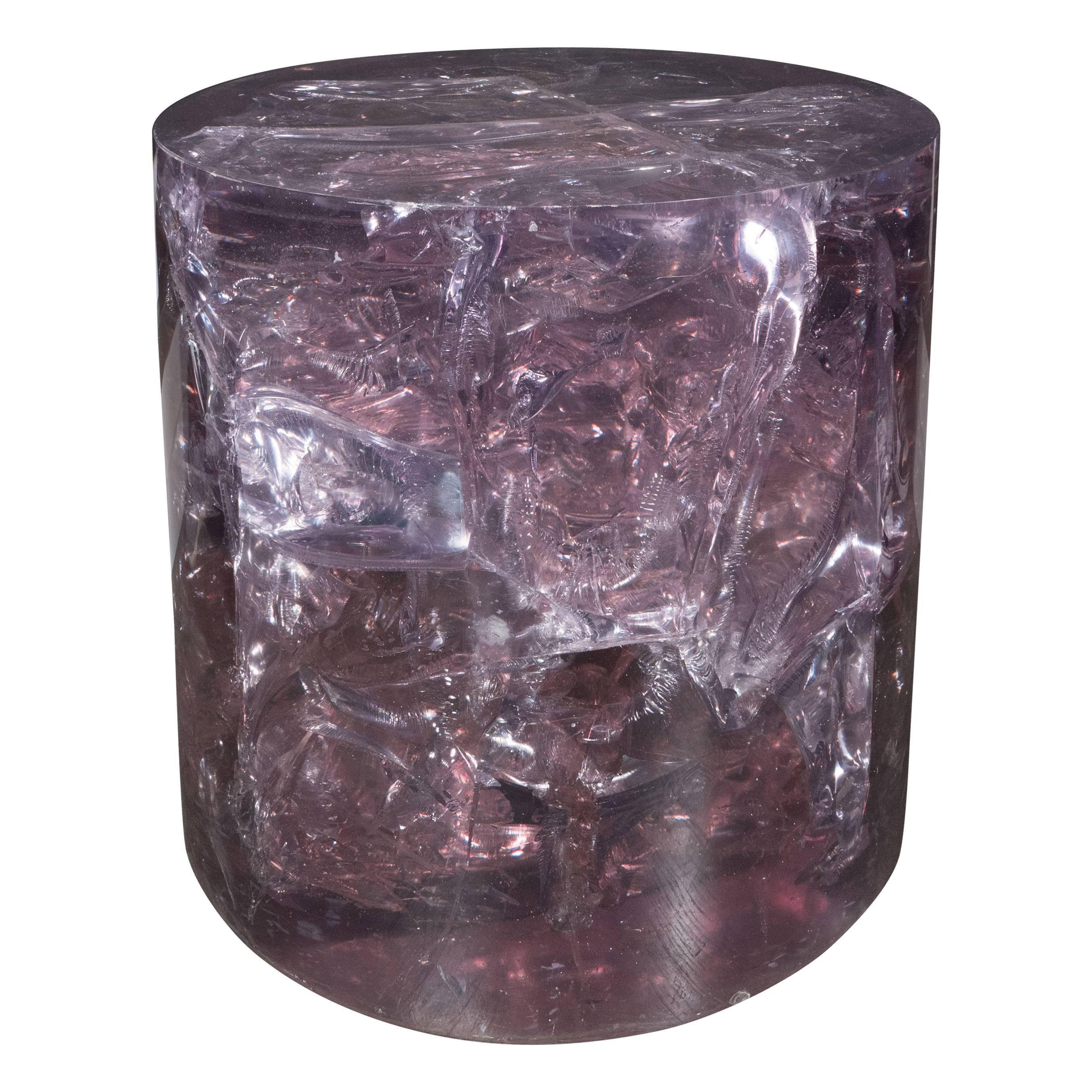 Cylindrical Fractured Resin Side Table by Pierre Giraudon, French, circa 1960
