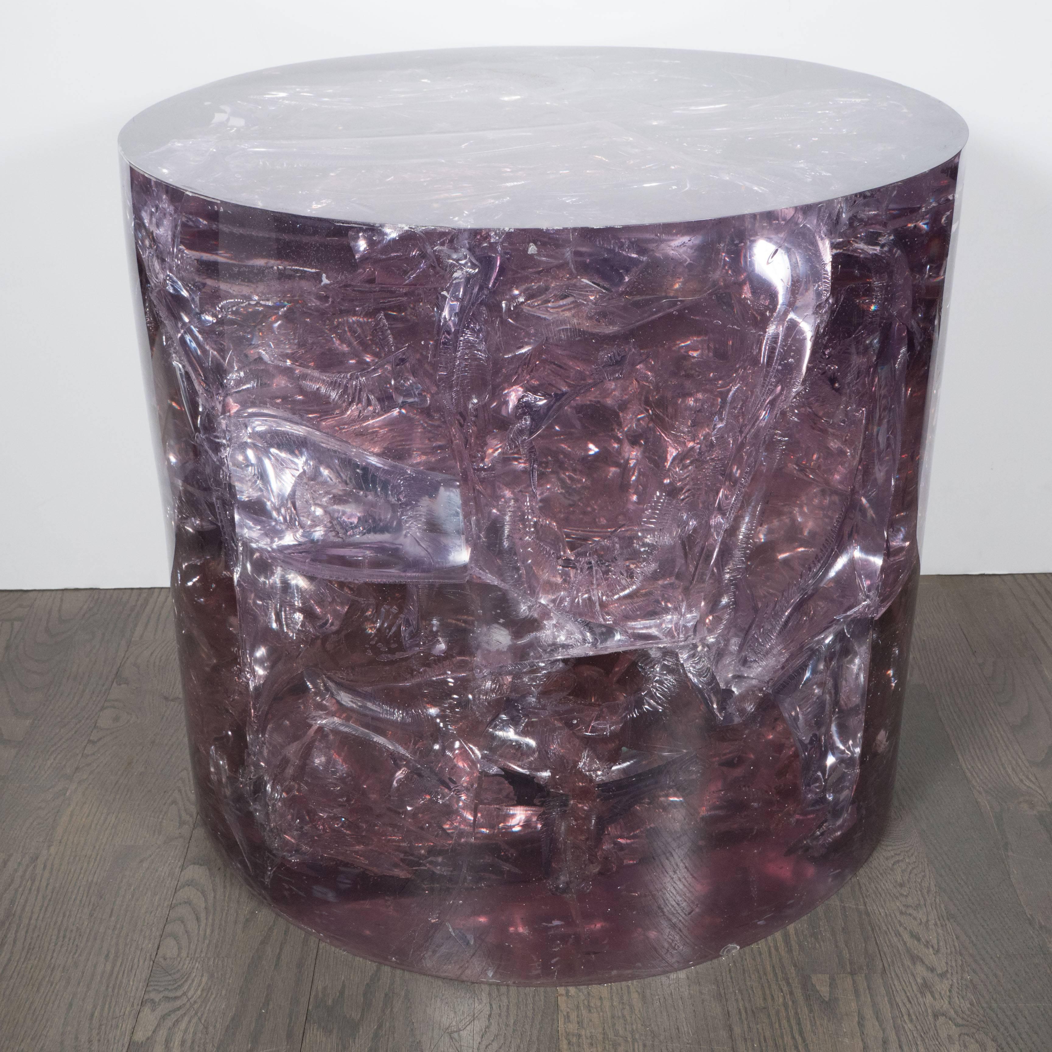 Cylindrical Fractured Resin Side Table by Pierre Giraudon, French, circa 1960 In Excellent Condition In New York, NY