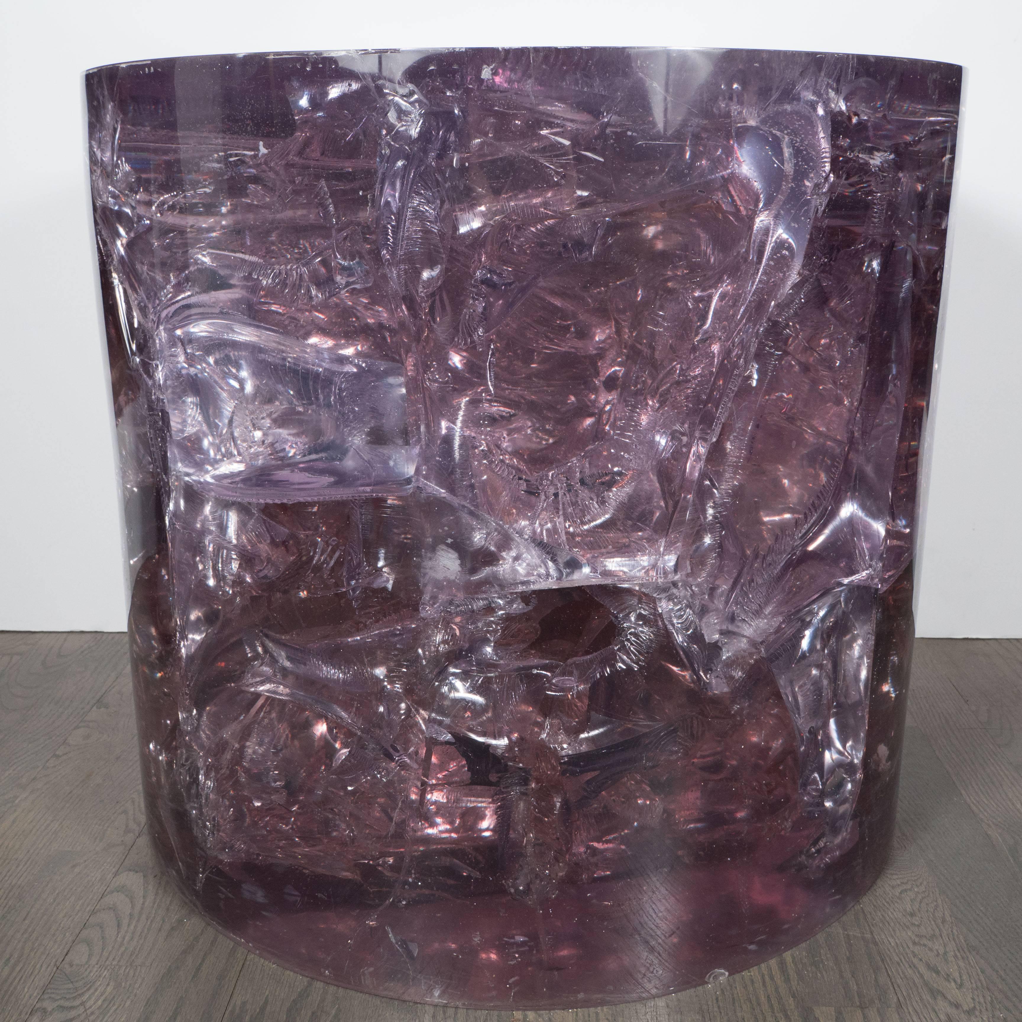 Cylindrical Fractured Resin Side Table by Pierre Giraudon, French, circa 1960 2