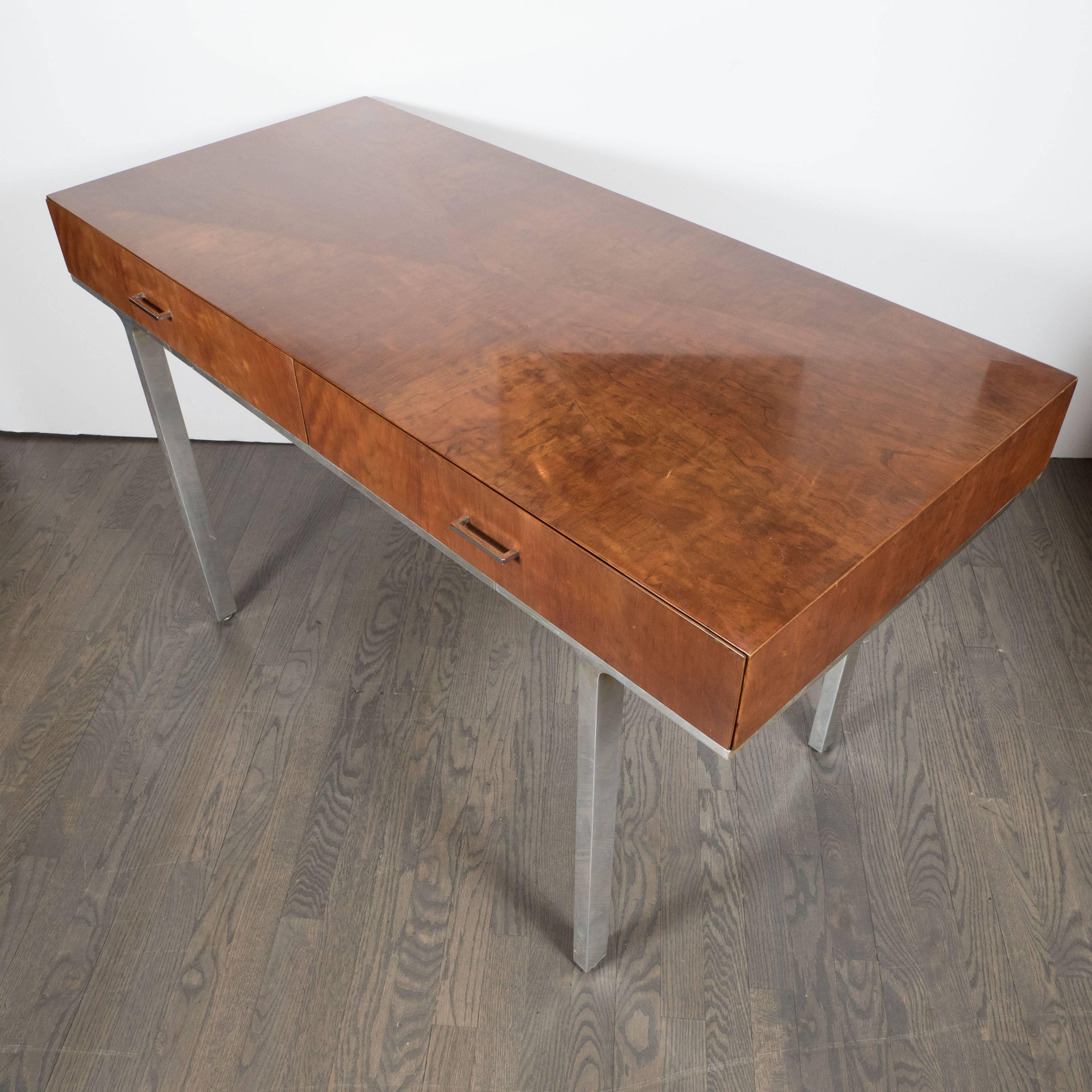 Mid-Century Modern Desk in Polished Aluminum and Bookmatched Walnut, American  3