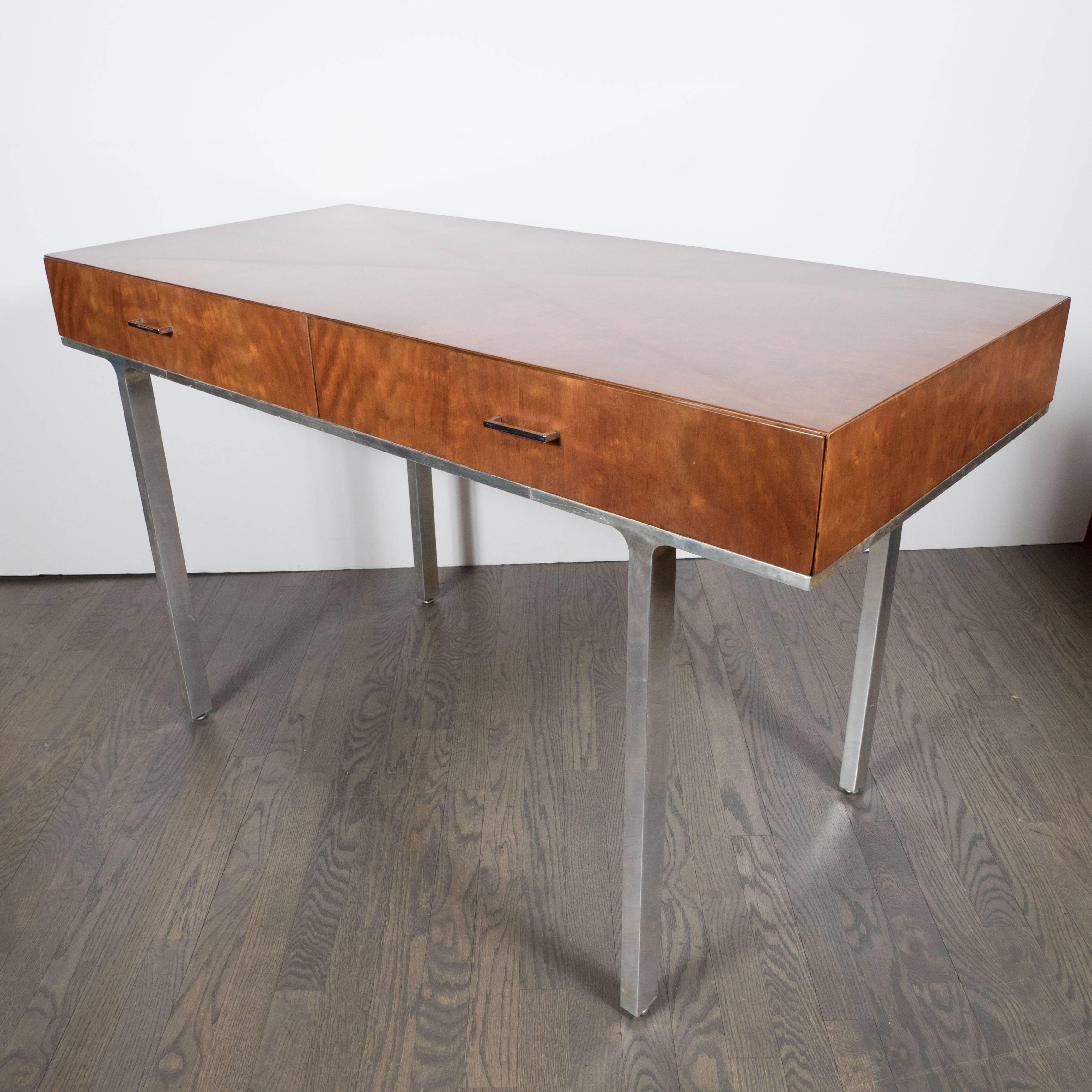 Mid-Century Modern Desk in Polished Aluminum and Bookmatched Walnut, American  4