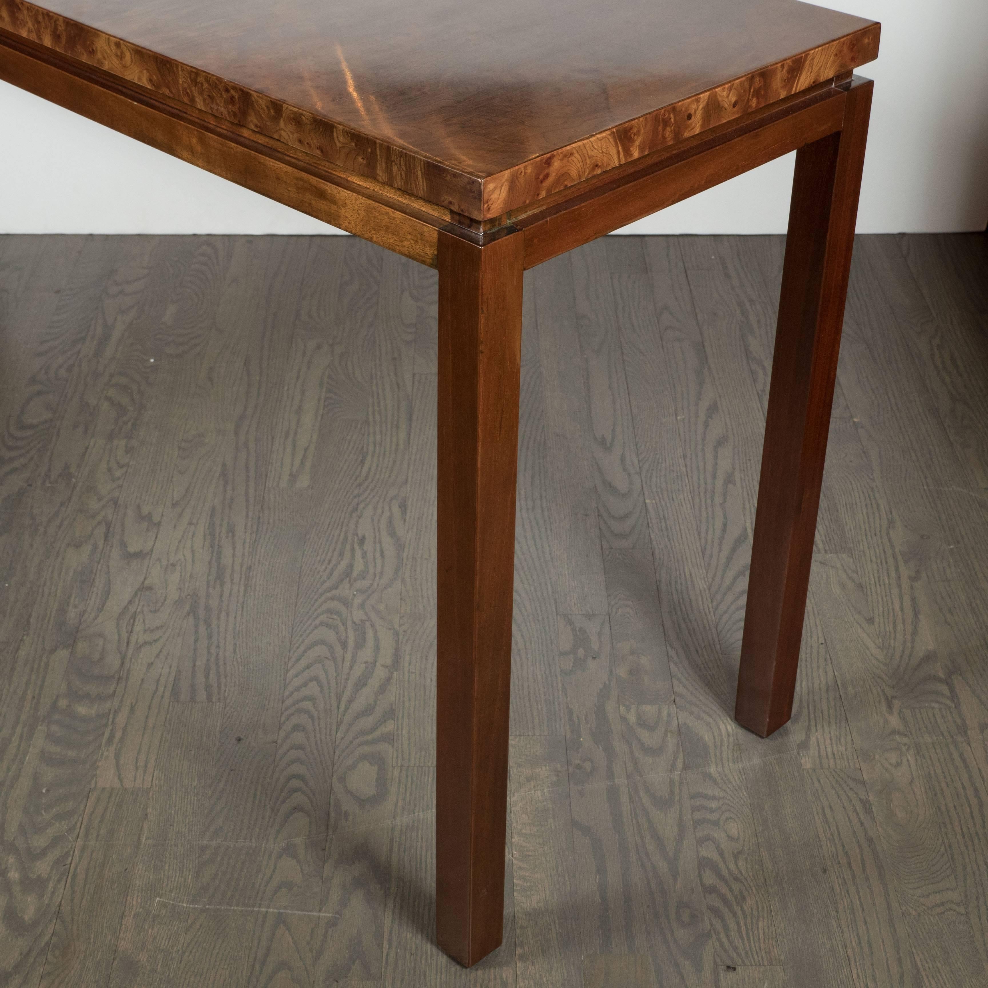 American Mid-Century Parsons Console in Bookmatched Carpathian Elm by Harvey Probber