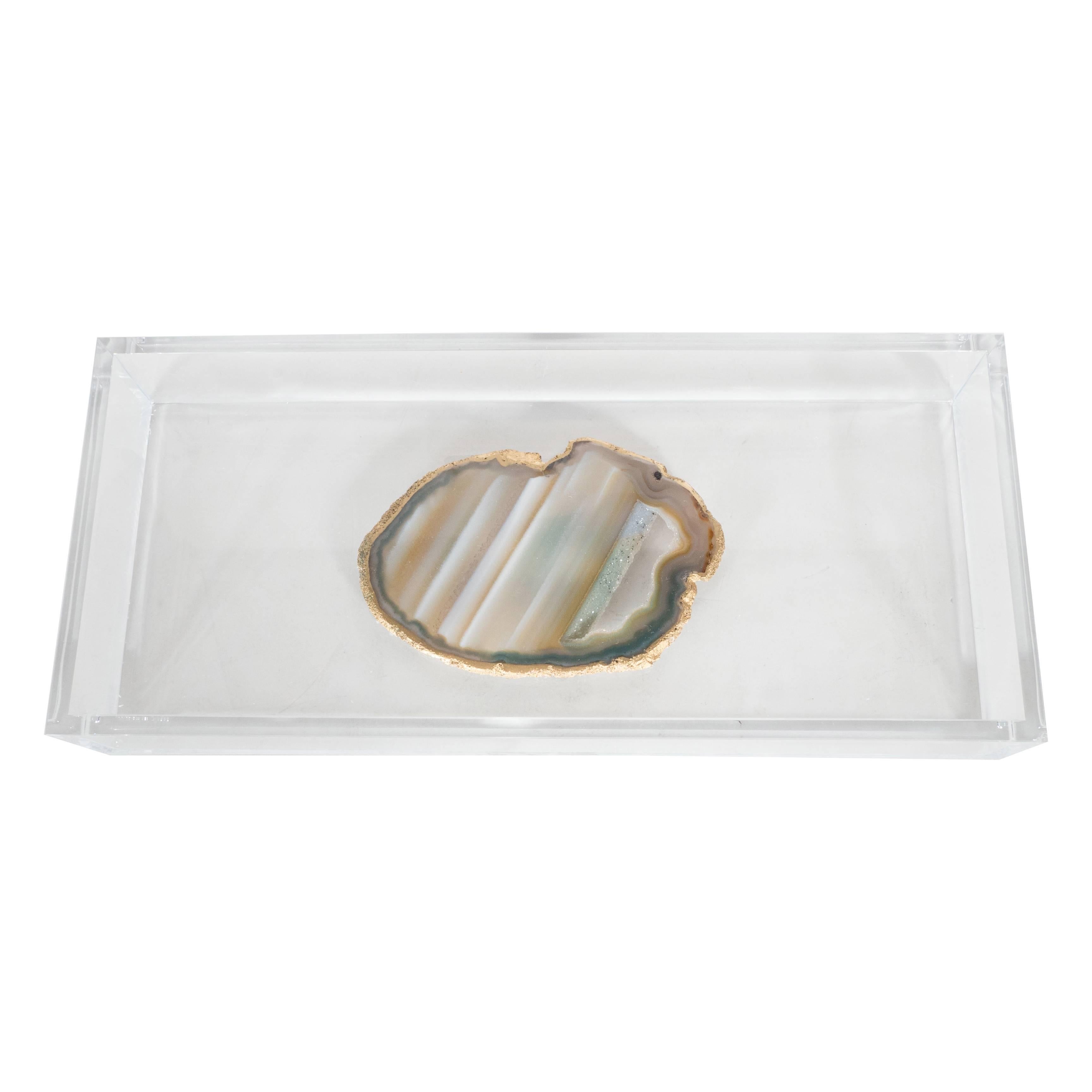 Modernist Organic Sliced Agate and Lucite Desk Tray or Catch All