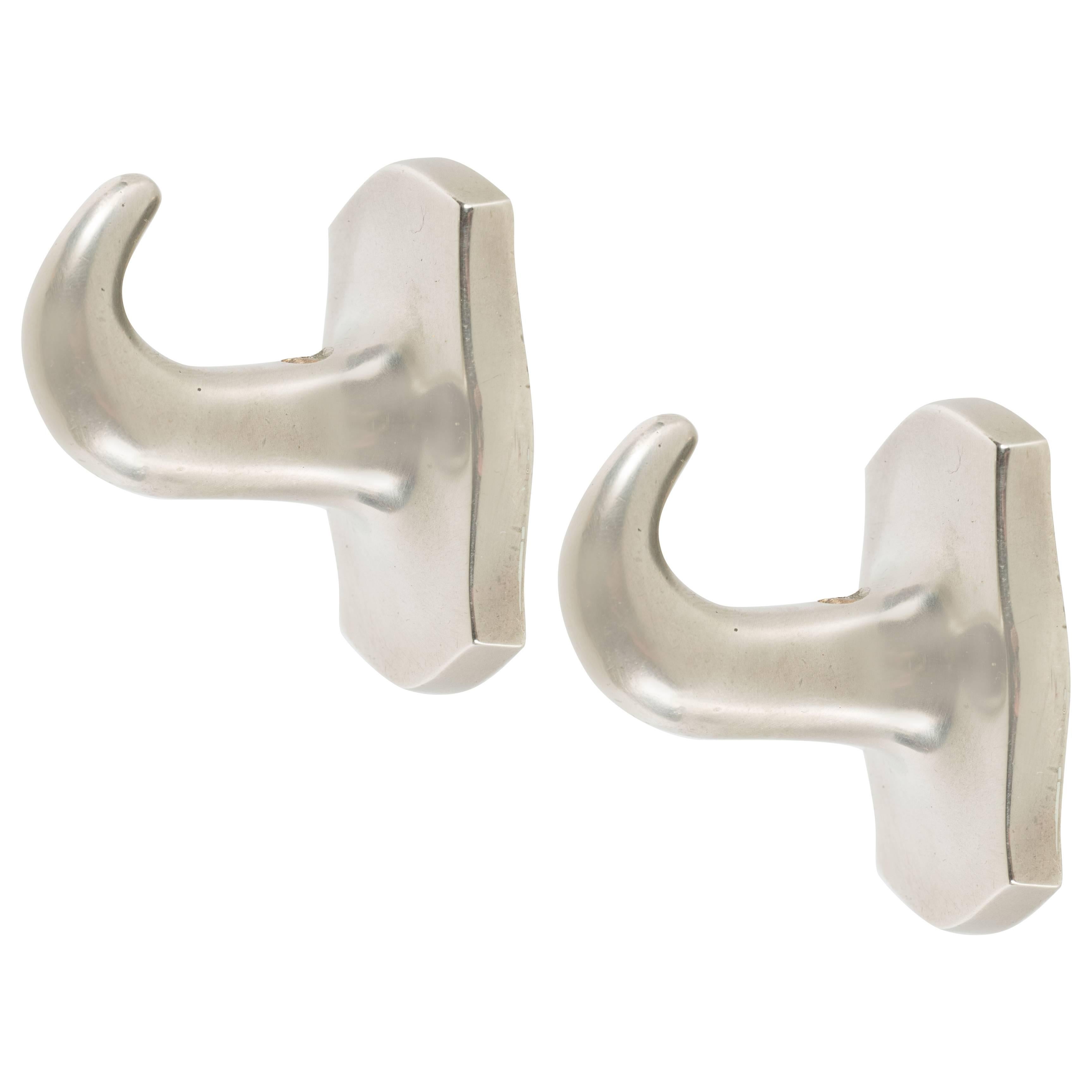 Mid-Century Modernist Pair of Elegant Towel Hooks in Brushed Nickel, American