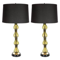 Retro Pair of Moss Green Murano Glass Table Lamps, Italy, circa 1960