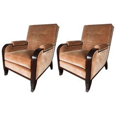 Lucien Rollin Collection Pair of Art Deco Club Chairs in Smoked Citrine Velvet