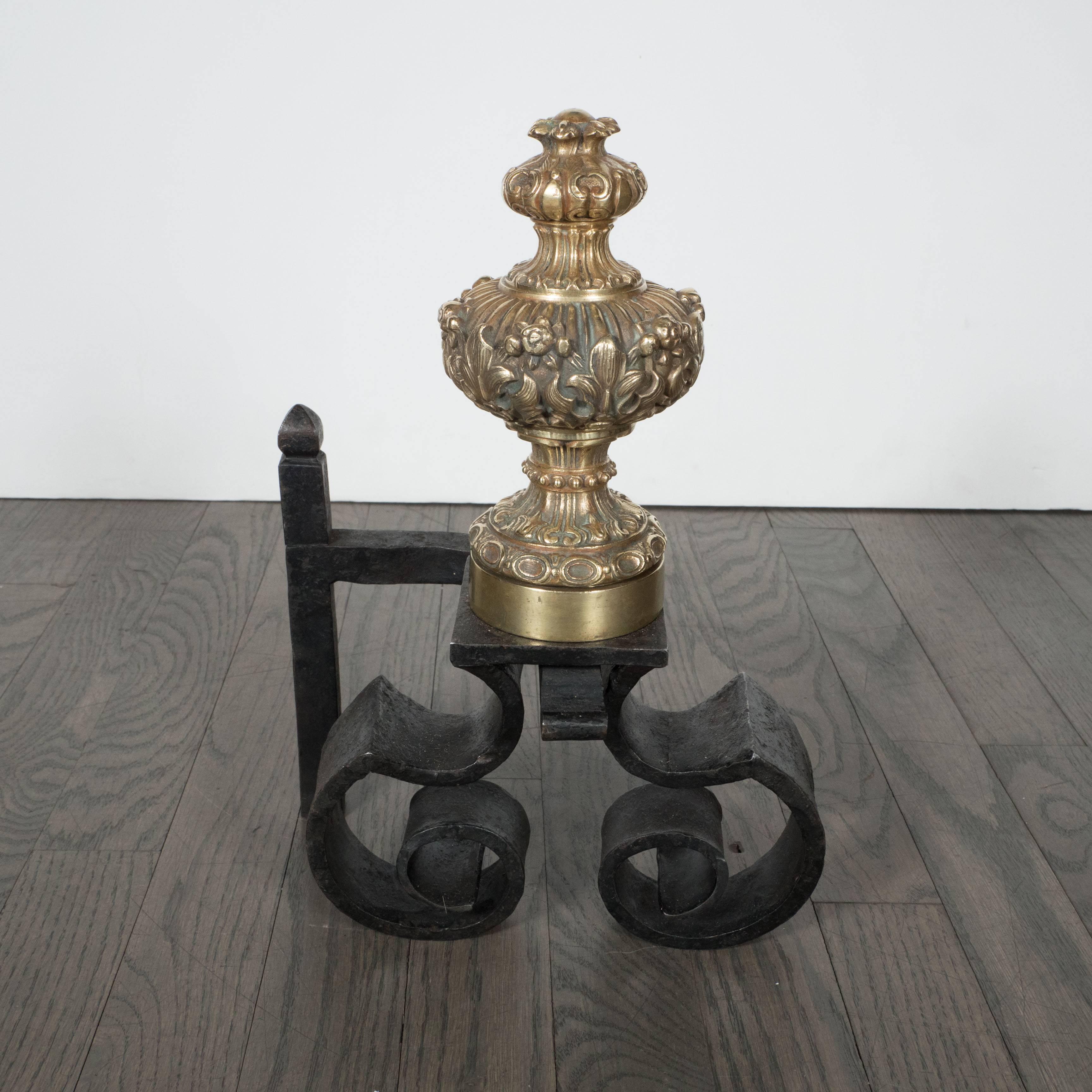Pair of 19th Century Baroque Brass & Hand Forged Iron Chenets or Andirons In Excellent Condition In New York, NY