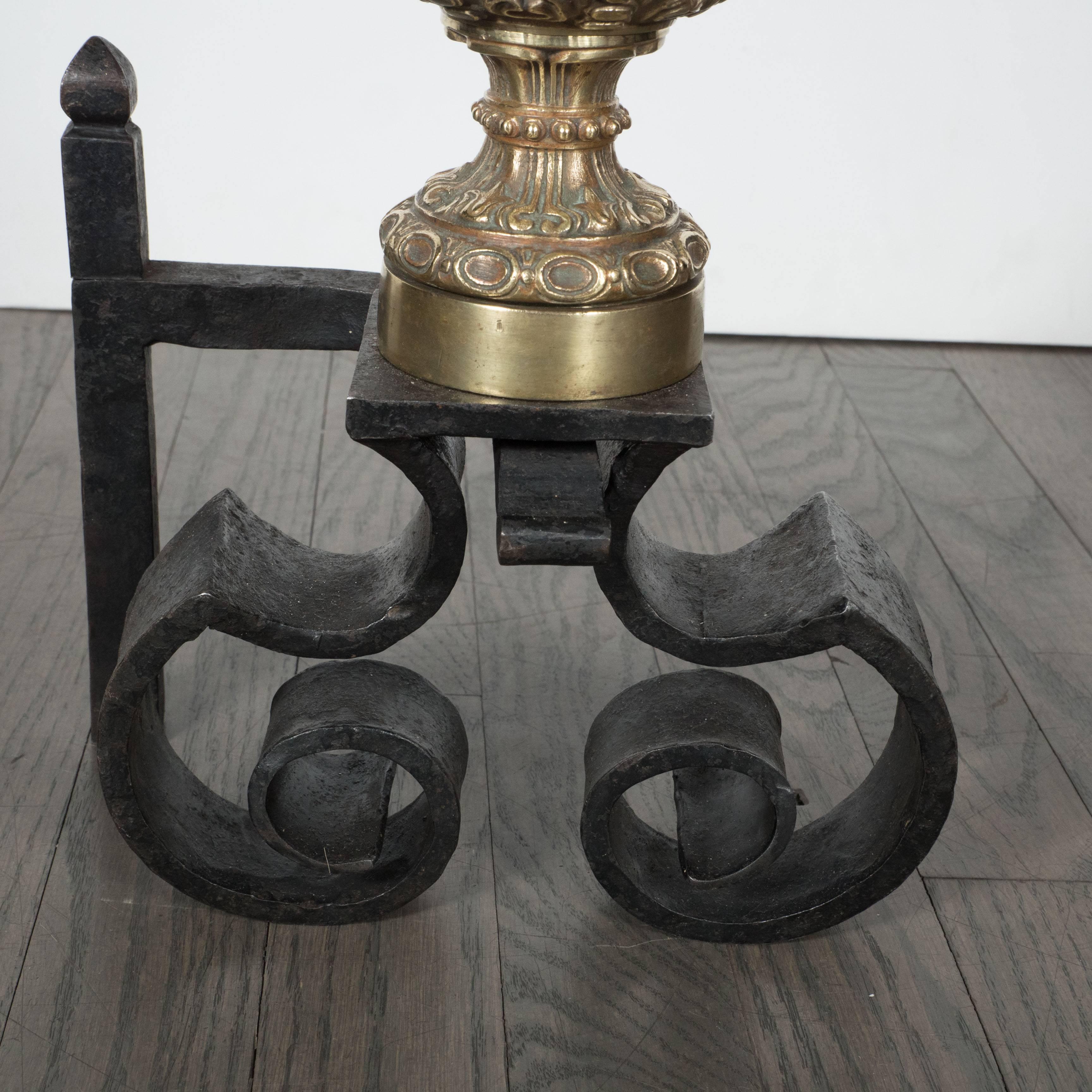 Pair of 19th Century Baroque Brass & Hand Forged Iron Chenets or Andirons 5