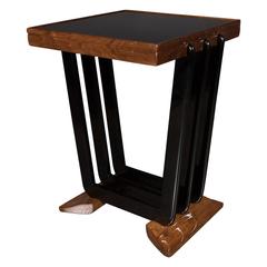 Art Deco Skyscraper End Table in Walnut, Black Lacquer and Vitrolite, American