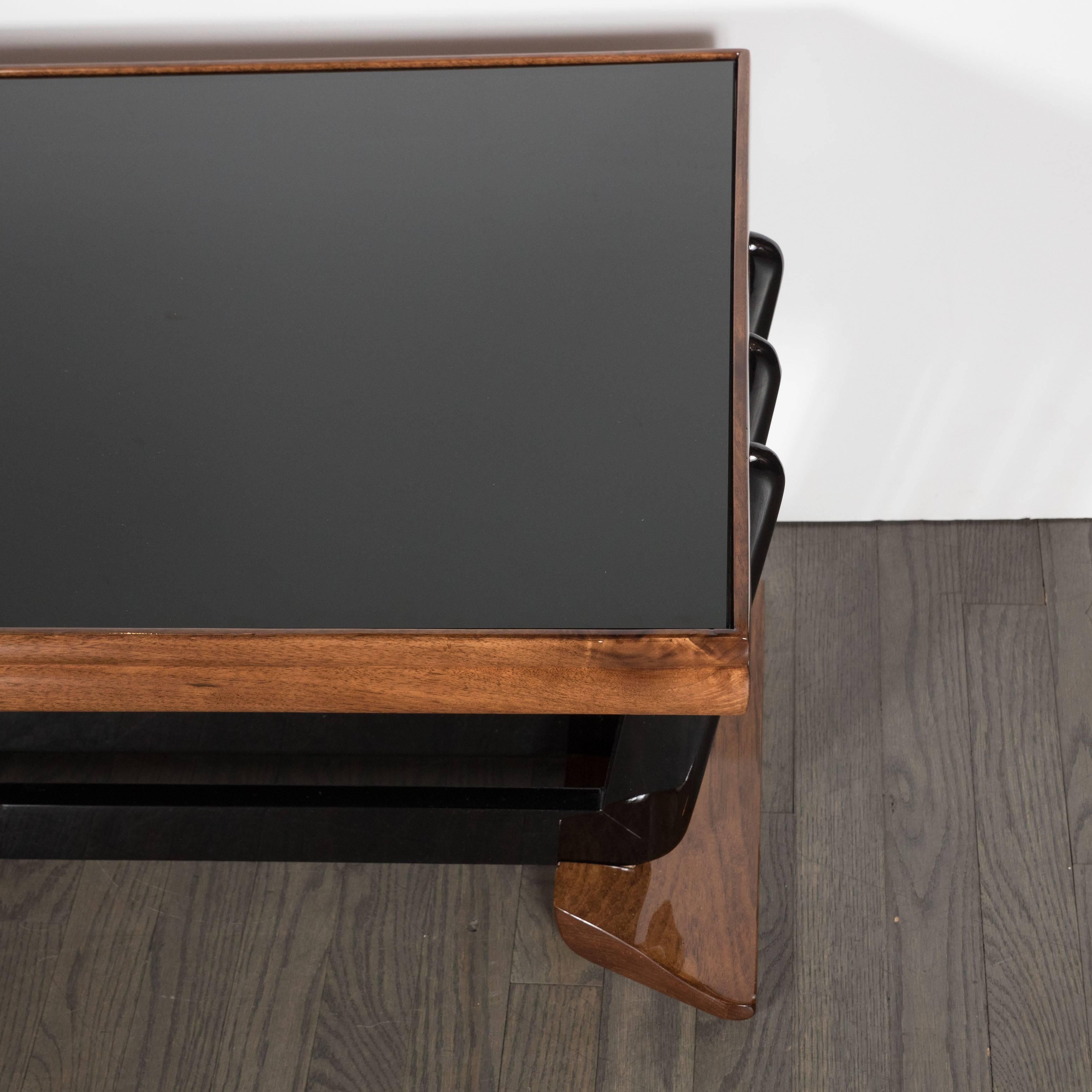 American Art Deco Skyscraper Coffee Table in Walnut, Black Lacquer and Vitrolite