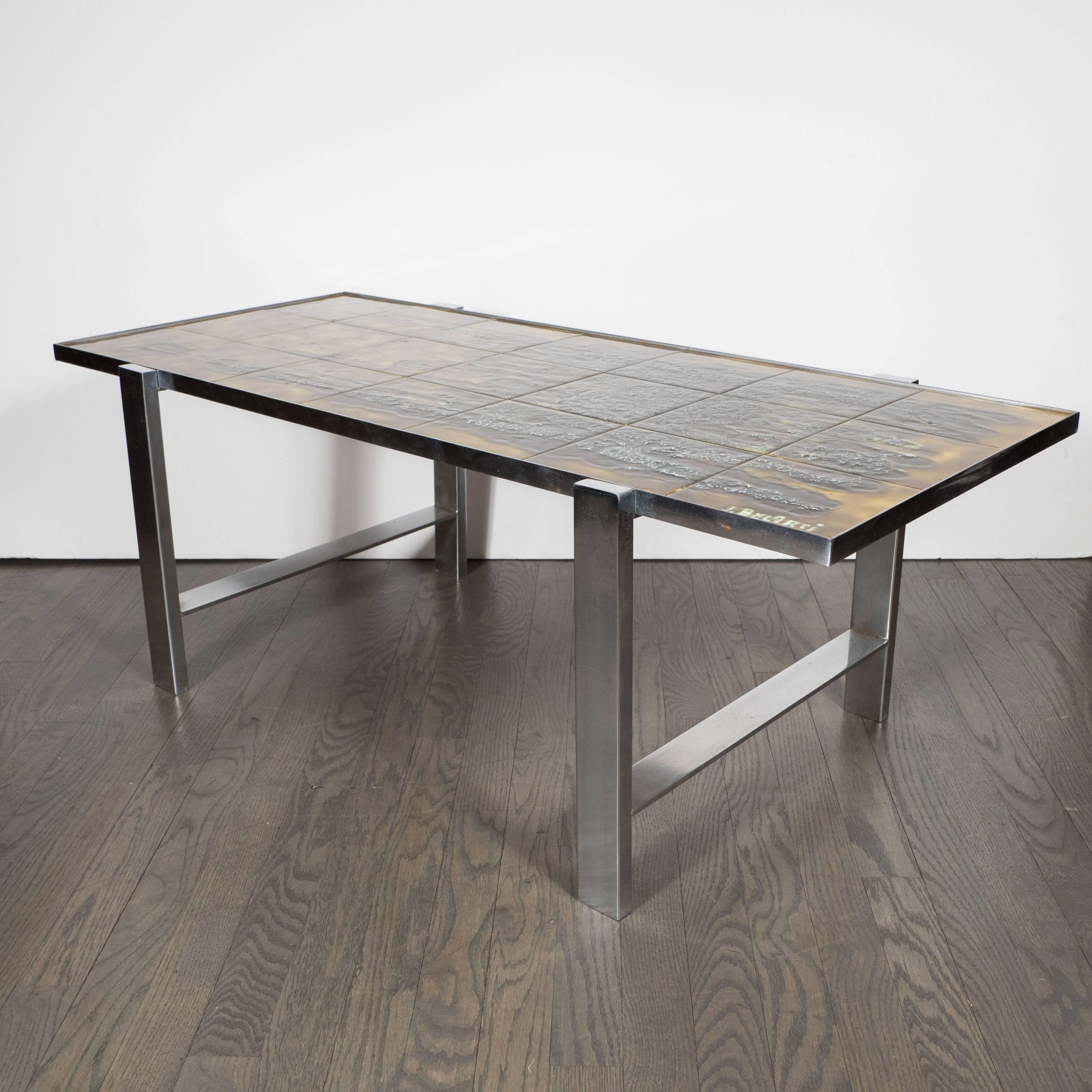 Mid-Century Modern Mid-Century Ceramic Tile & Polished Aluminium Coffee Table by Juliette Belarti For Sale