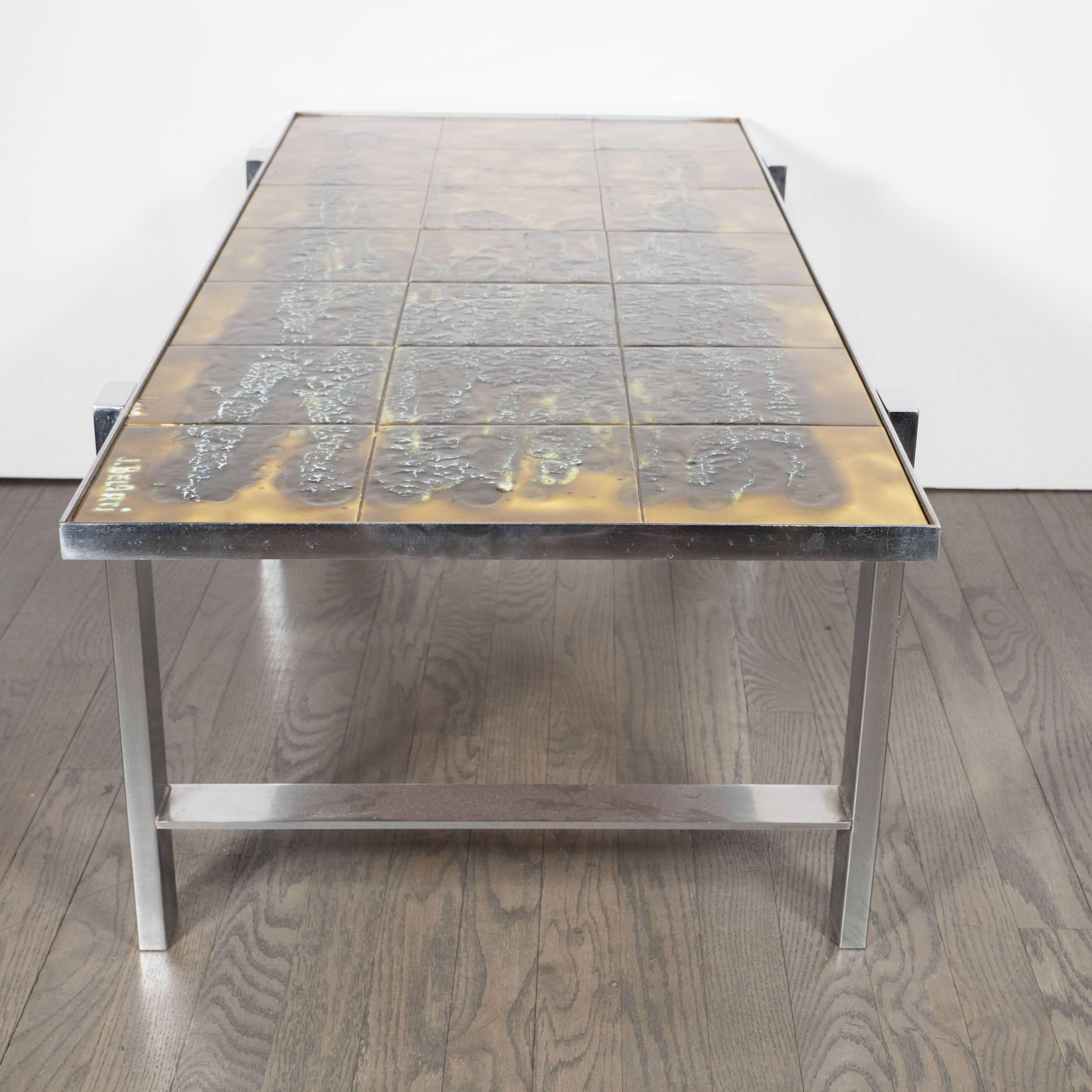 Belgian Mid-Century Ceramic Tile & Polished Aluminium Coffee Table by Juliette Belarti For Sale