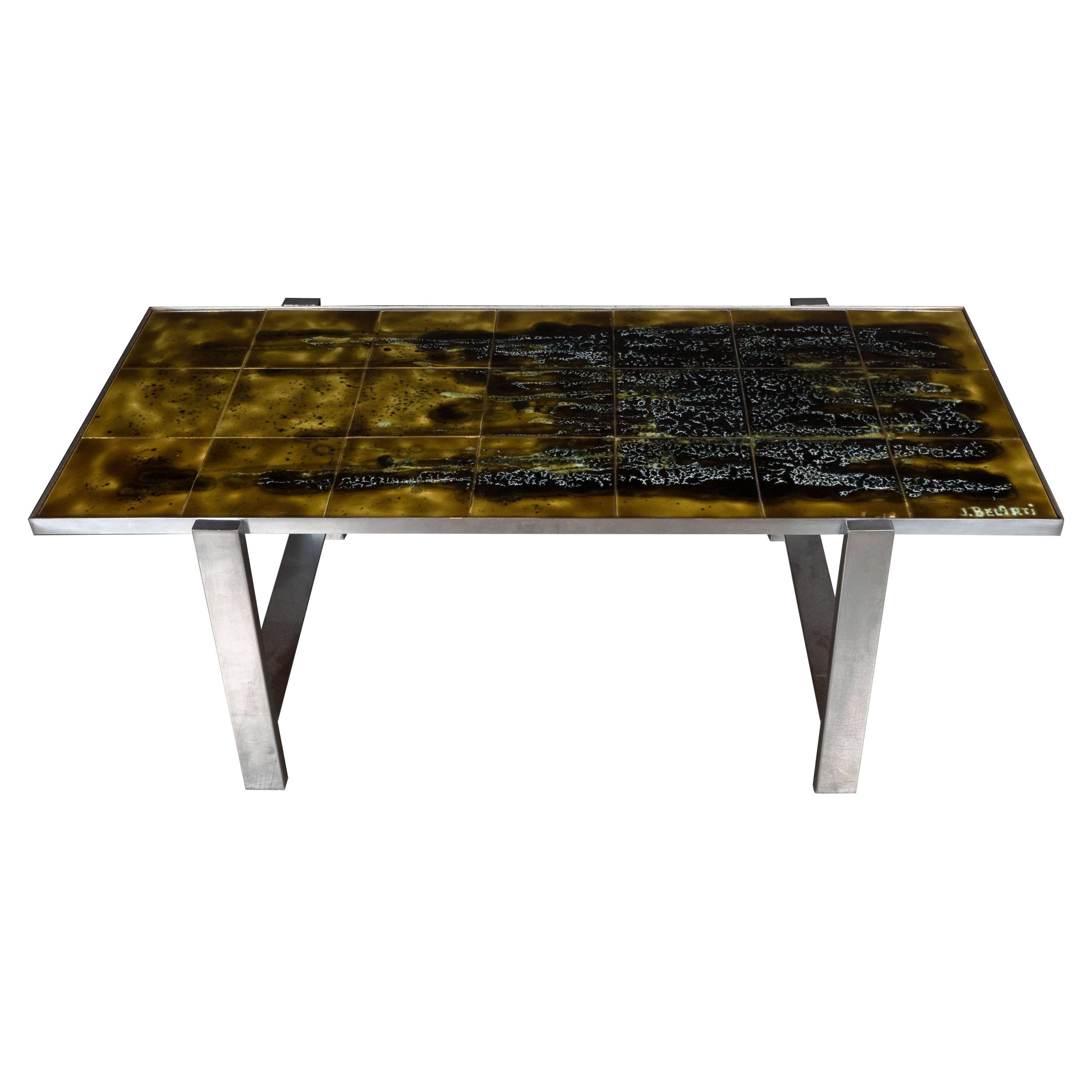 Mid-Century Ceramic Tile & Polished Aluminium Coffee Table by Juliette Belarti