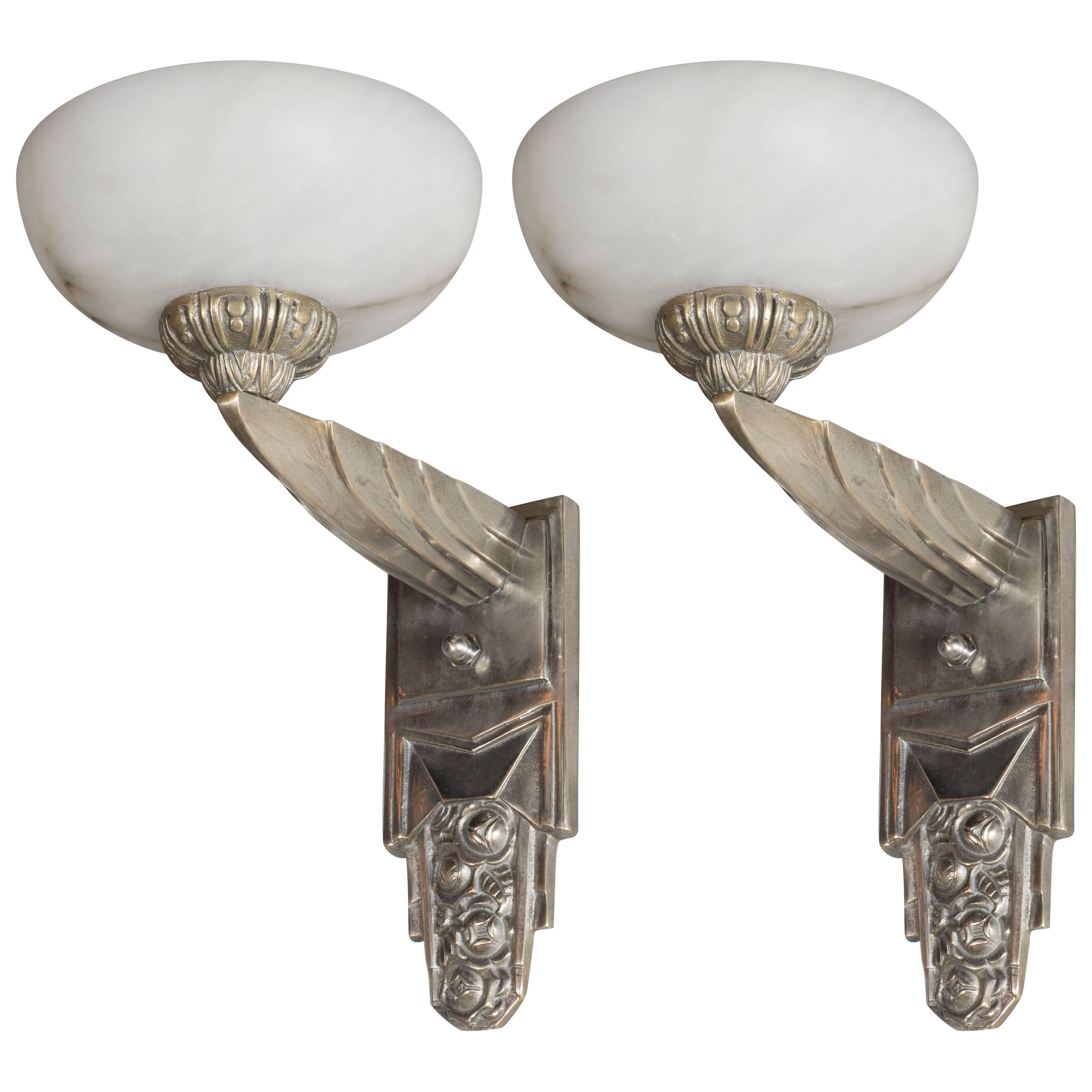 Pair of French Art Deco Skyscraper Sconces in Alabaster and Nickeled Bronze 