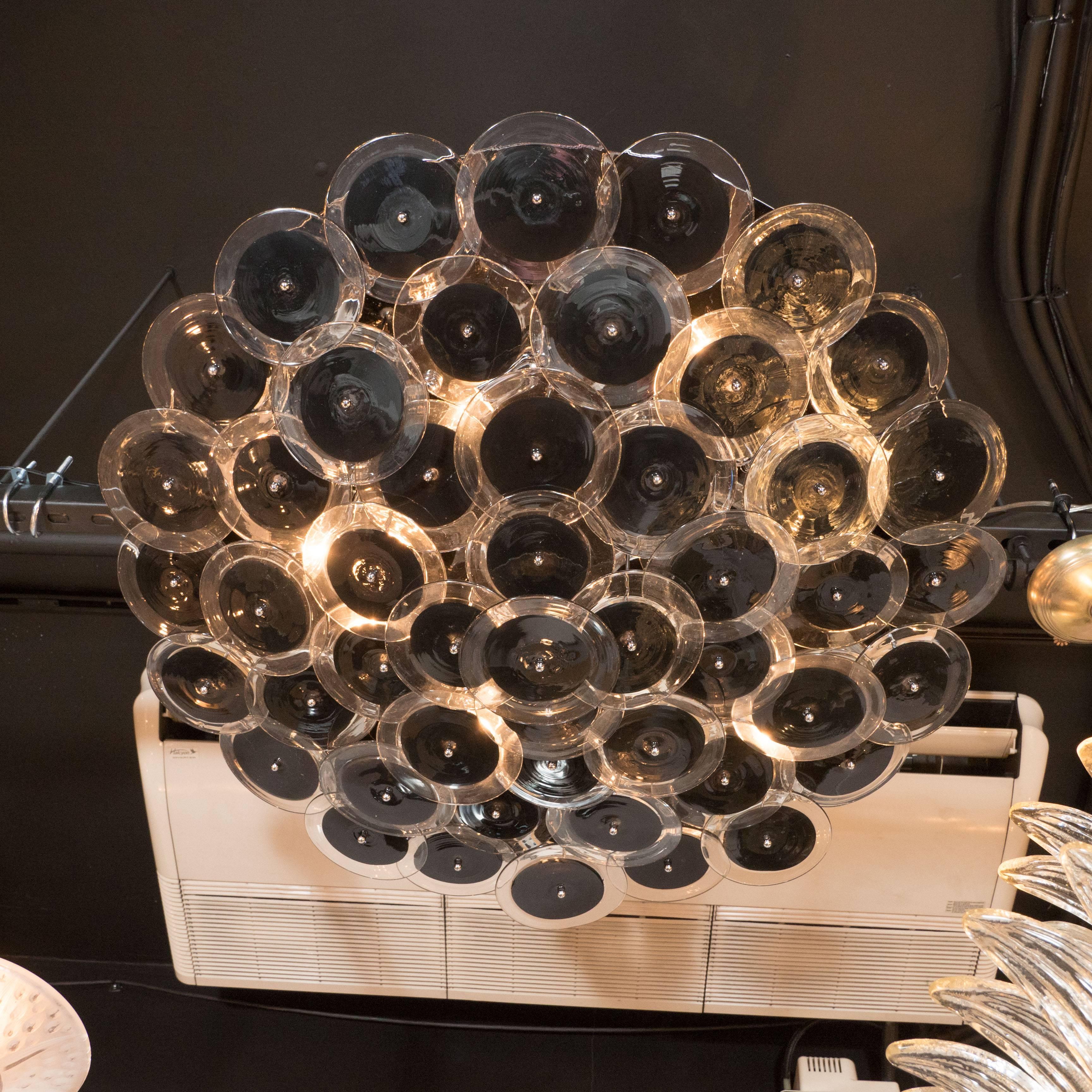 Mid-Century Modern Flush Mount Vistosi Murano Disc Chandelier in Black and Clear Glass