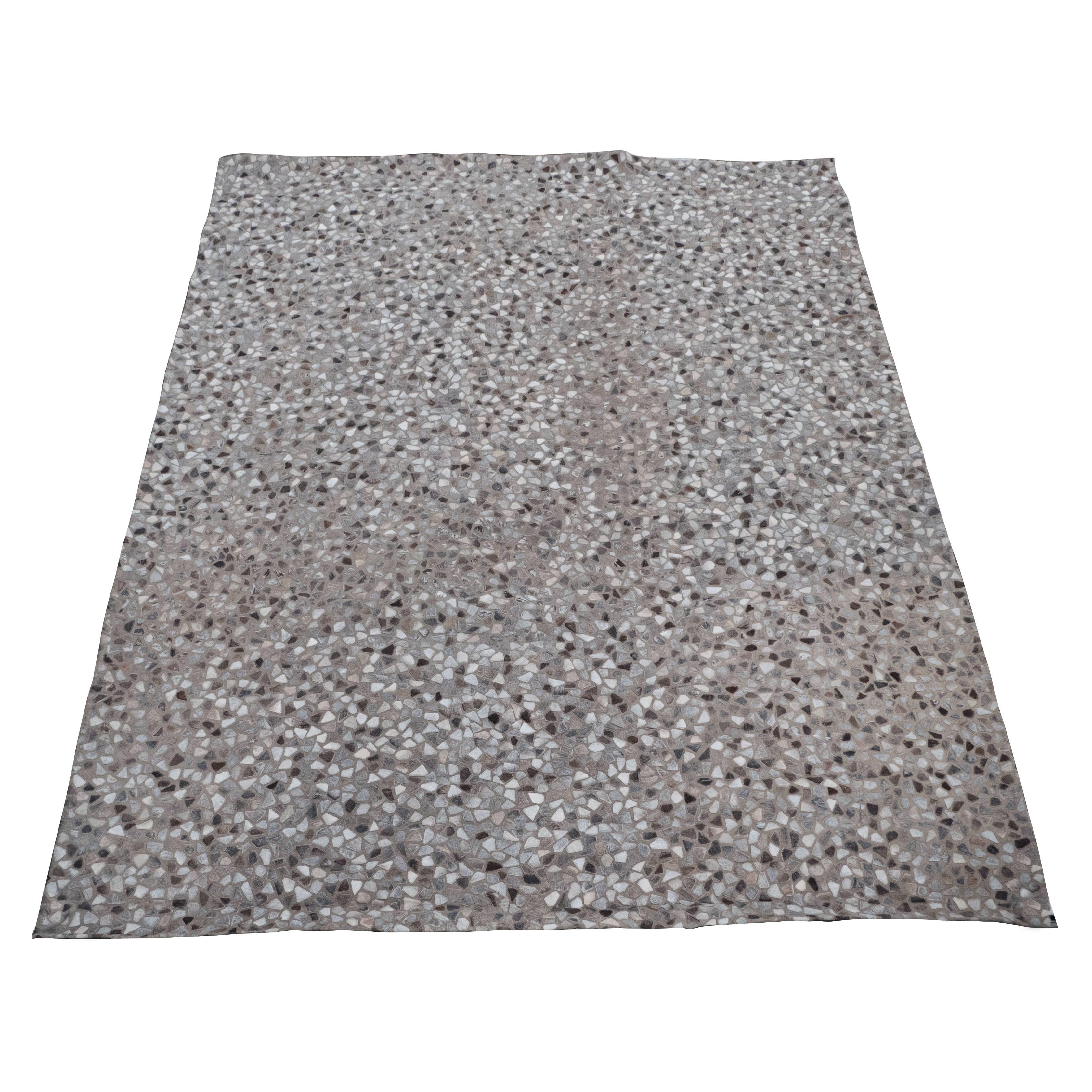 Modernist Pebble Patchwork Kyle Bunting Style Rug in Grey and White Cowhide