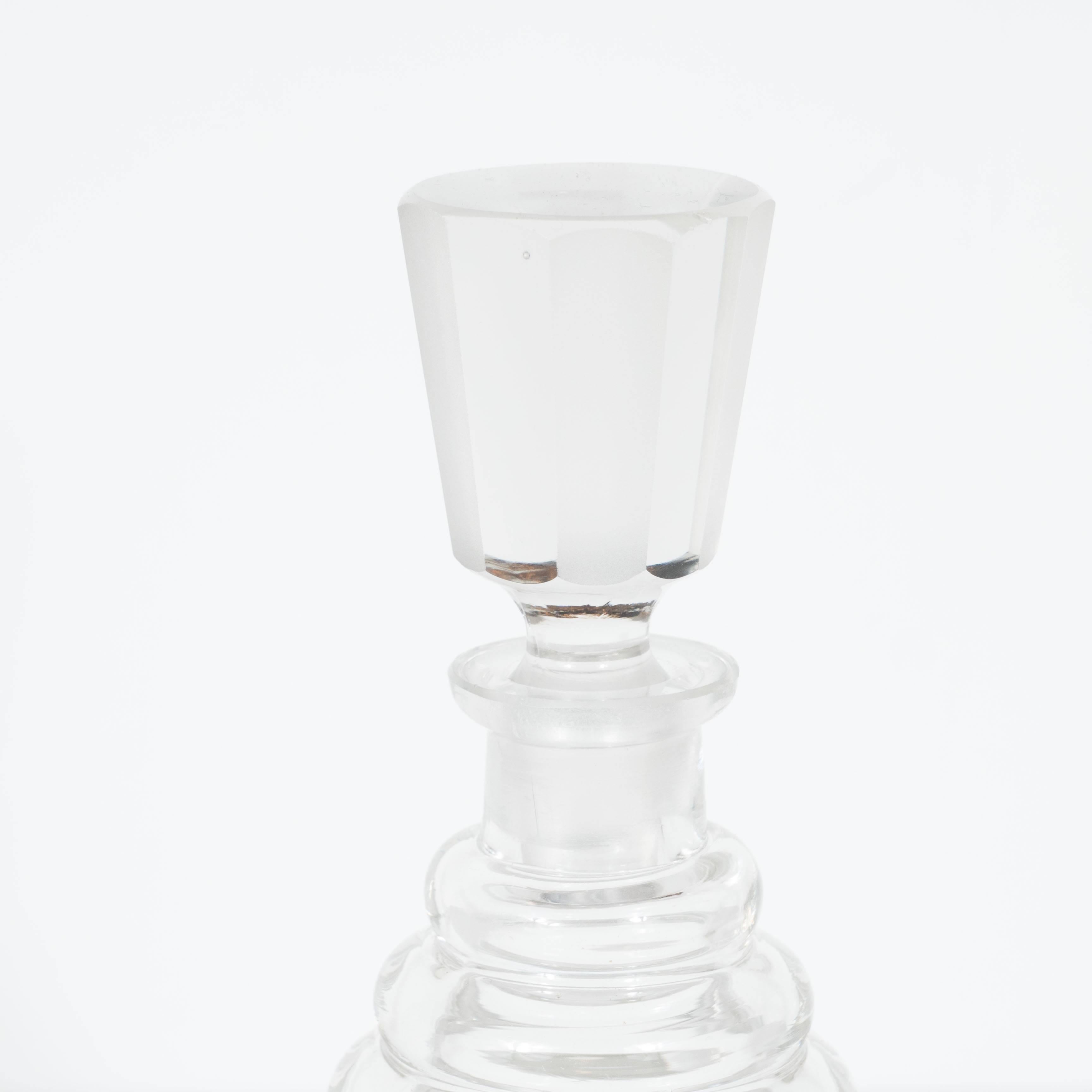 Mid-20th Century Art Deco Czechoslovakian Glass Decanter with Frosted Accents in Cubist Form