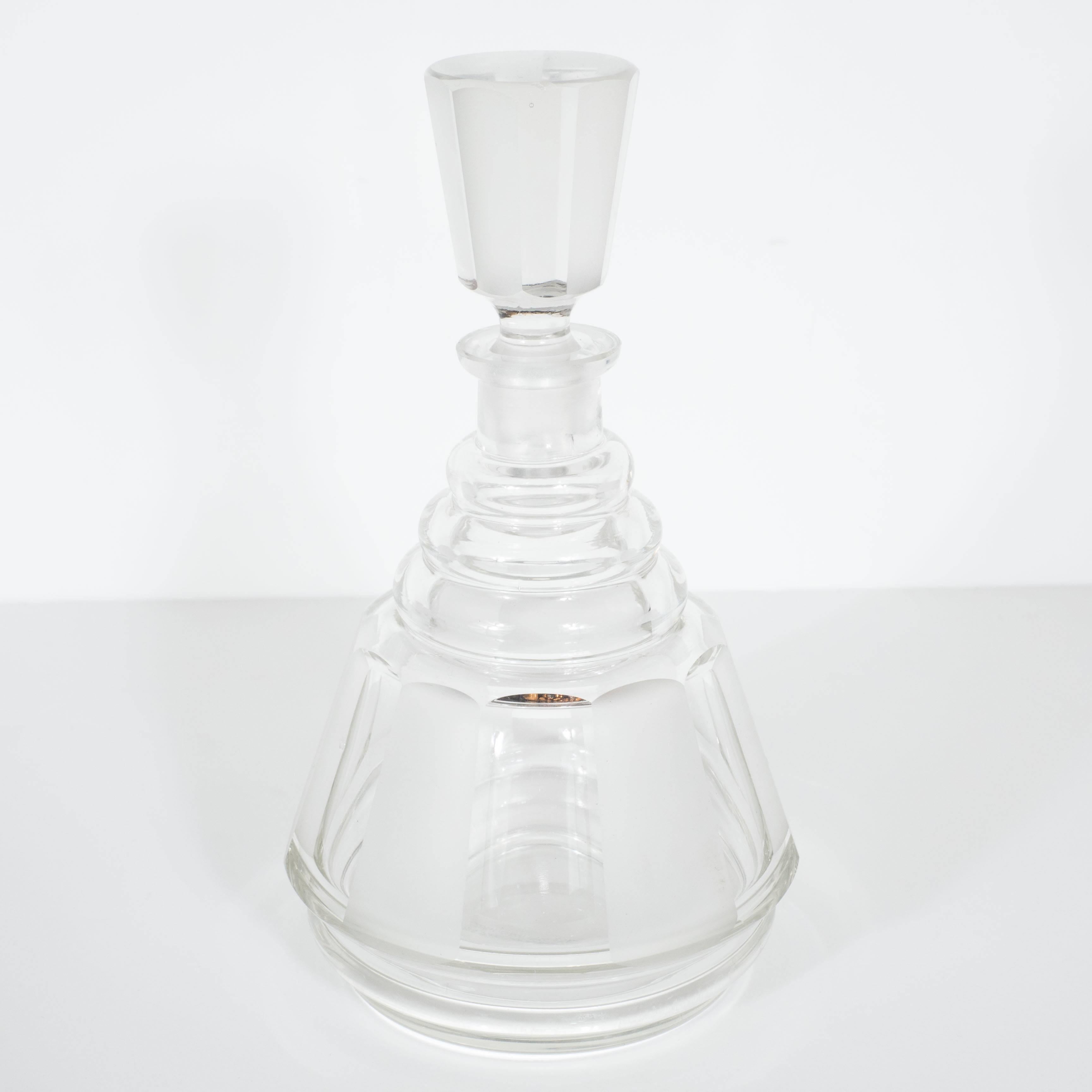 Art Deco Czechoslovakian Glass Decanter with Frosted Accents in Cubist Form 1