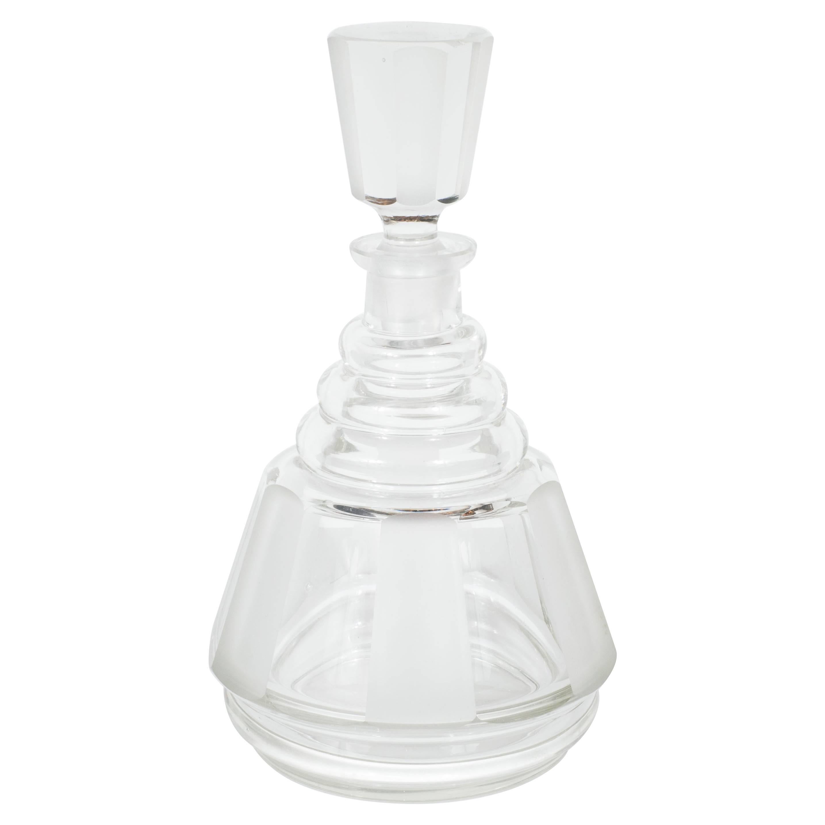 Art Deco Czechoslovakian Glass Decanter with Frosted Accents in Cubist Form