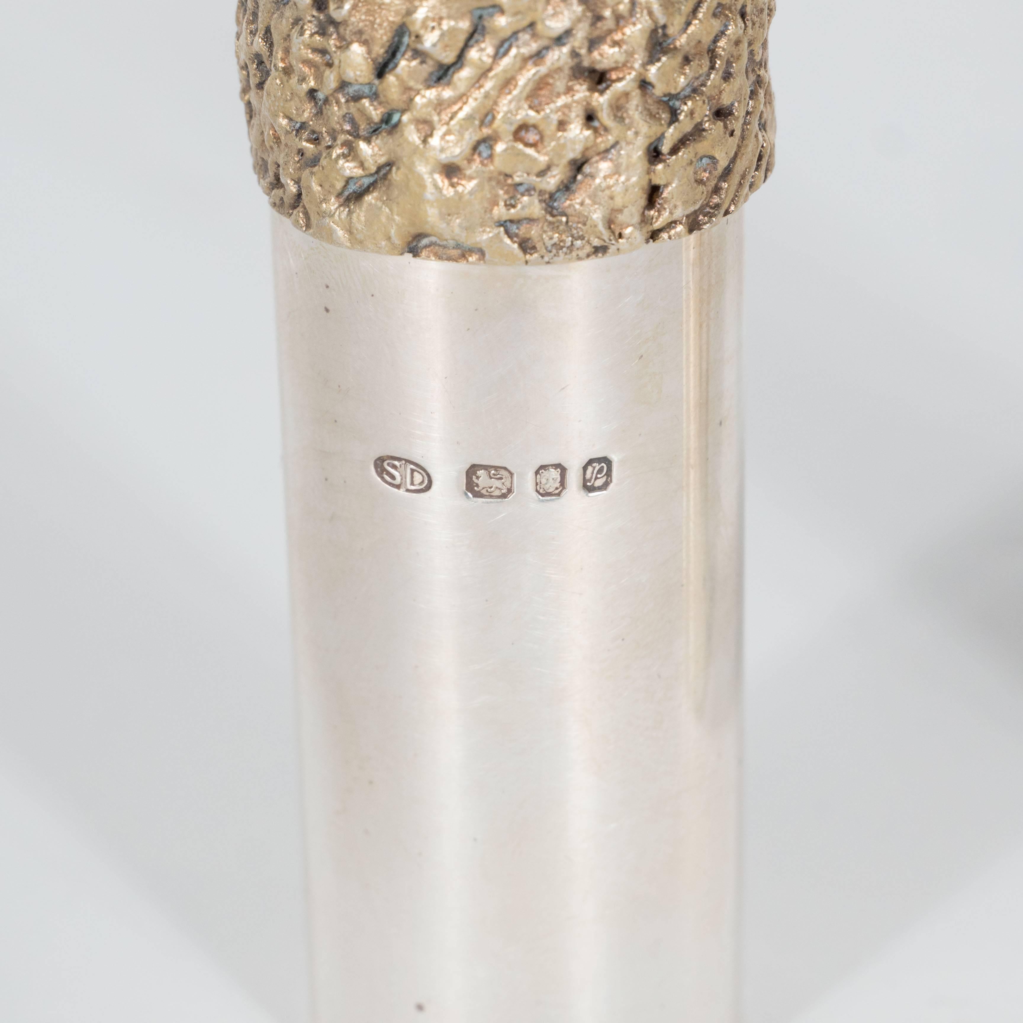 Mid-Century Modernist Brutalist Sterling and Gilt Salt and Pepper Grinders In Excellent Condition In New York, NY