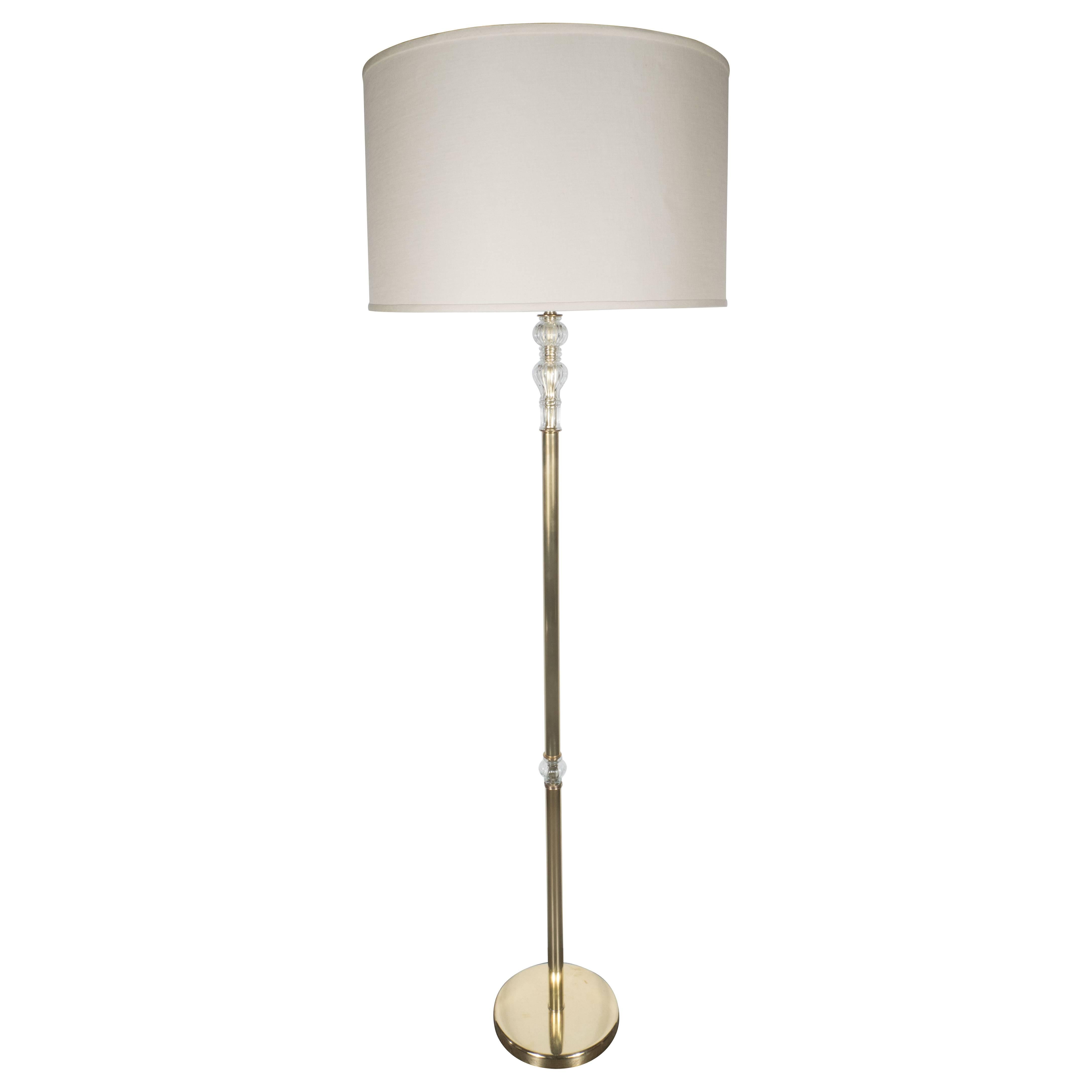 Glamorous Mid-Century Modern Floor Lamp in Handblown Murano Glass and Brass