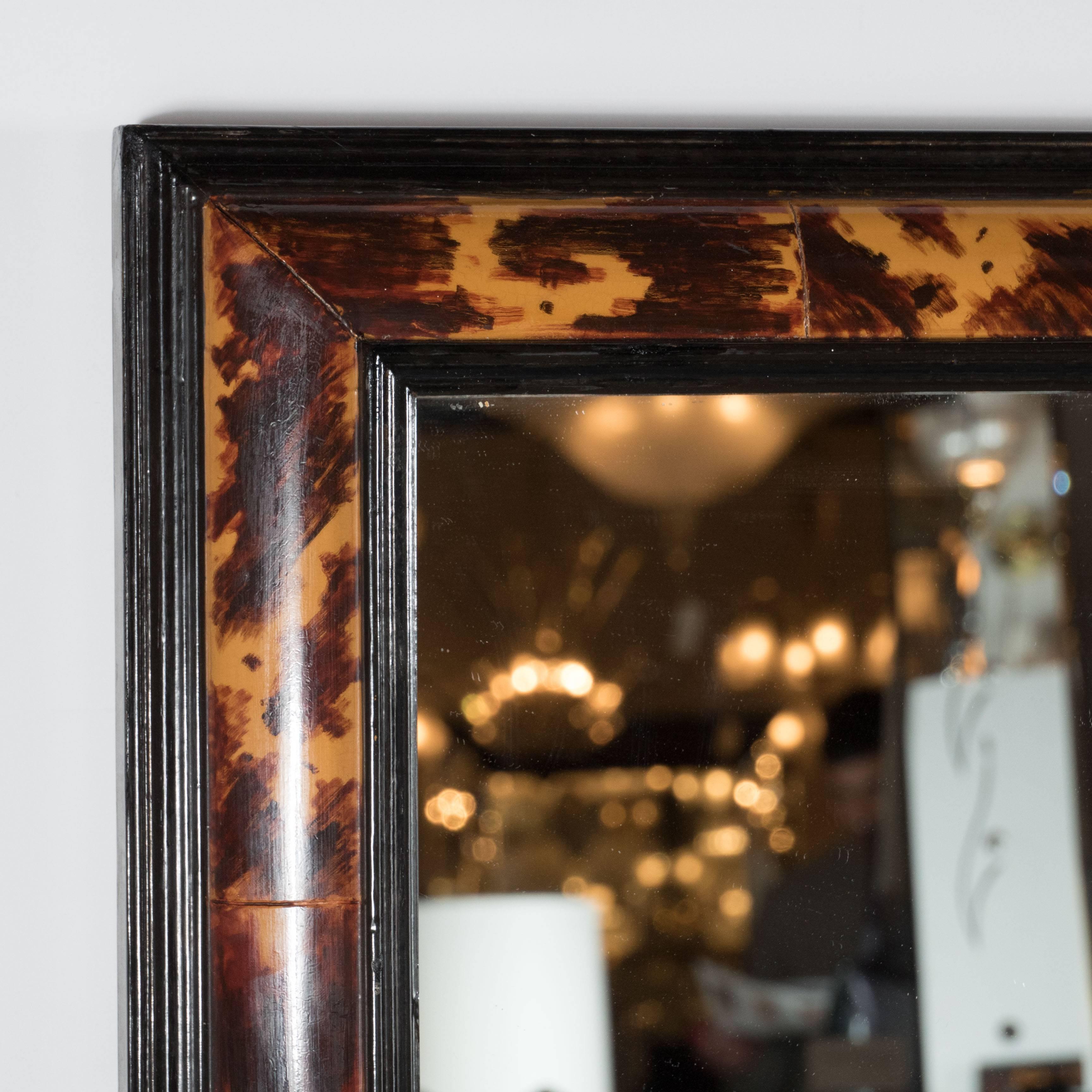 American Ultra Chic Modernist Mirror in Faux Tortoise and Black Lacquer, circa 1970