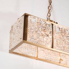 Mid-Century Rectangular Pendant Chandelier in Brass with Textured Glass Panels