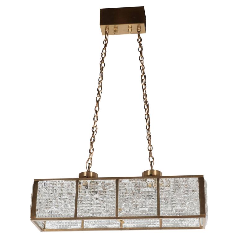 MidCentury Rectangular Pendant Chandelier in Brass with Textured Glass