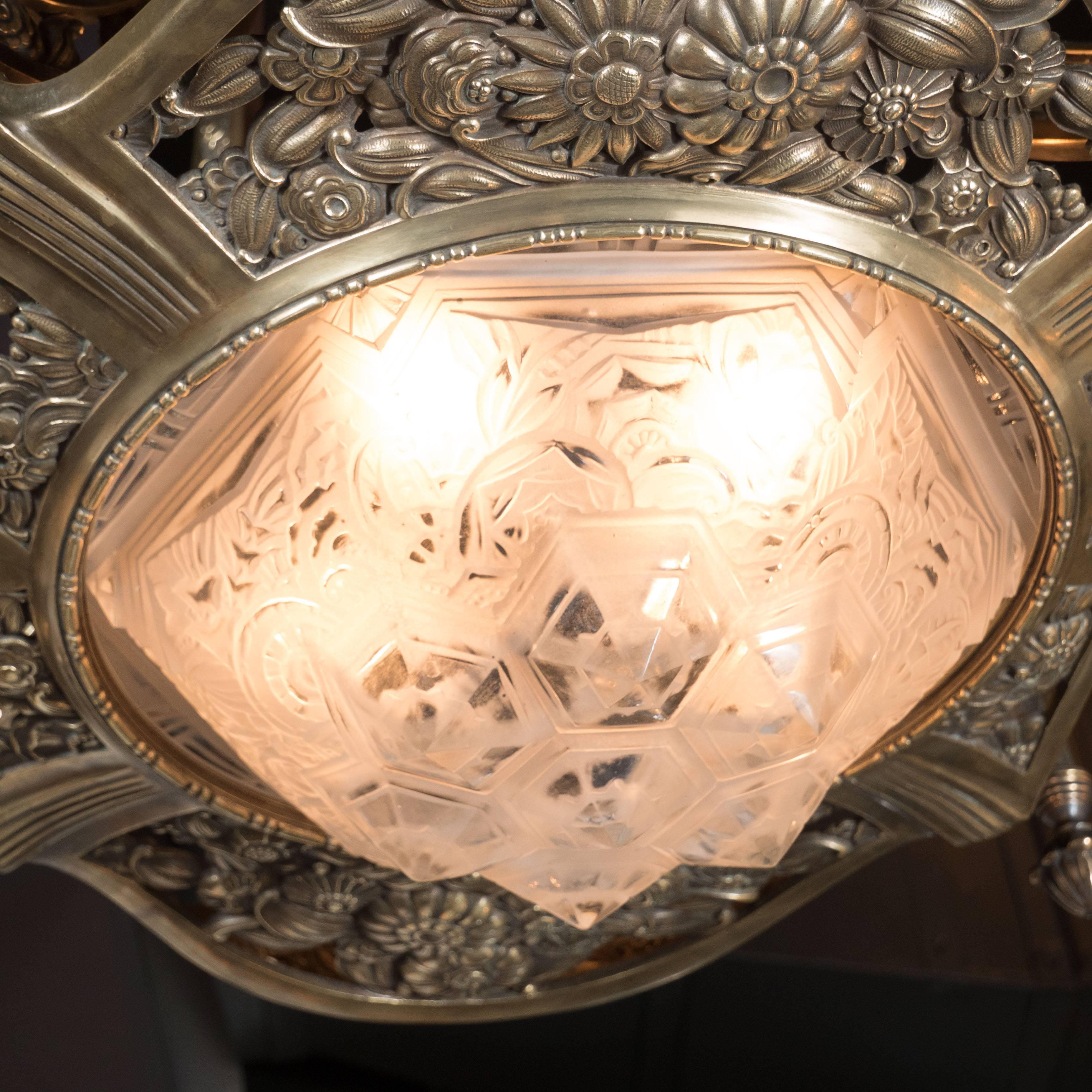 Mid-20th Century Magnificent Art Deco Bronze and Relief Frosted Glass Chandelier