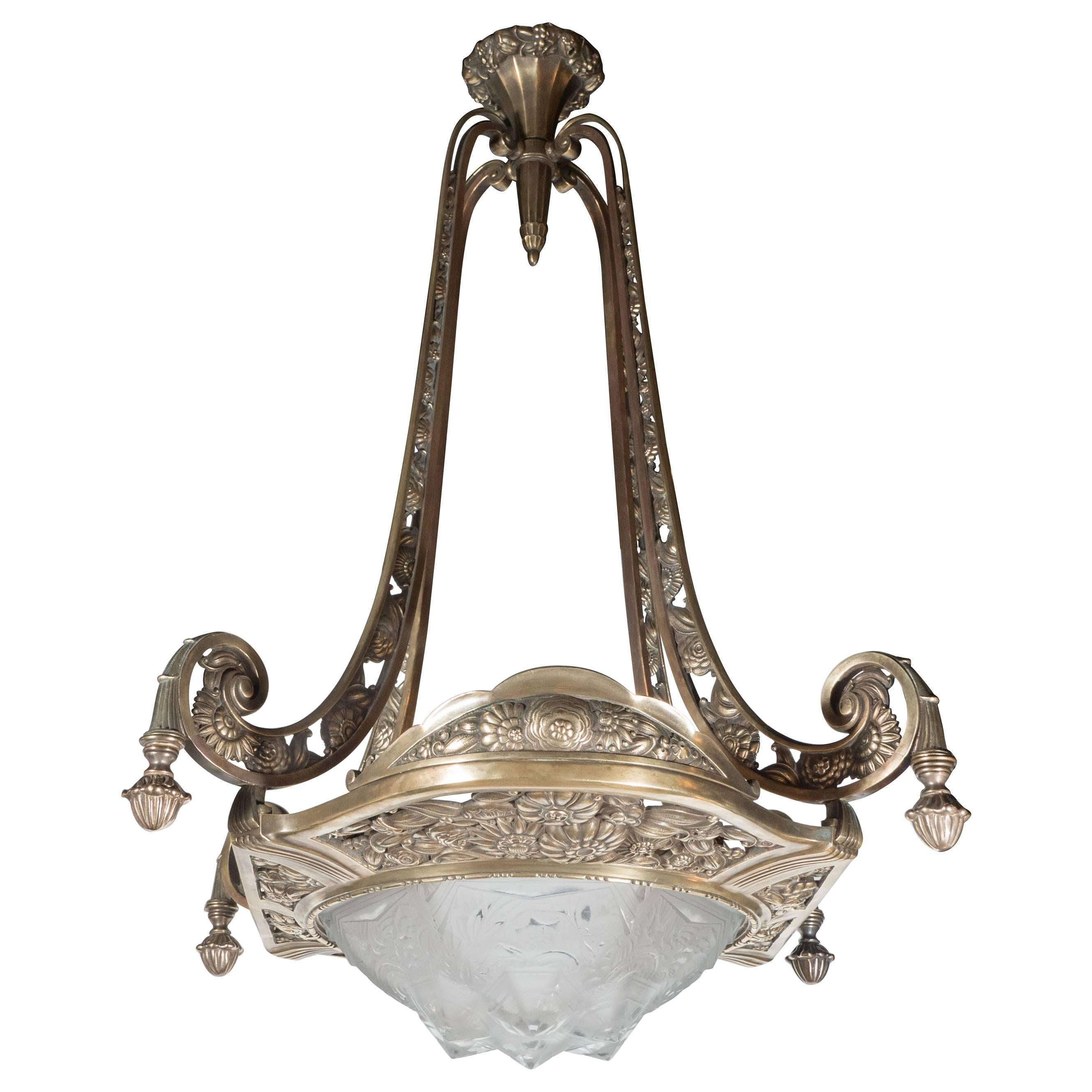 Magnificent Art Deco Bronze and Relief Frosted Glass Chandelier