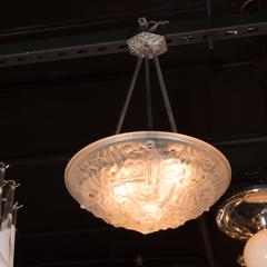 French, Art Deco Frosted Glass Reverse-Dome Floral Detail Chandelier