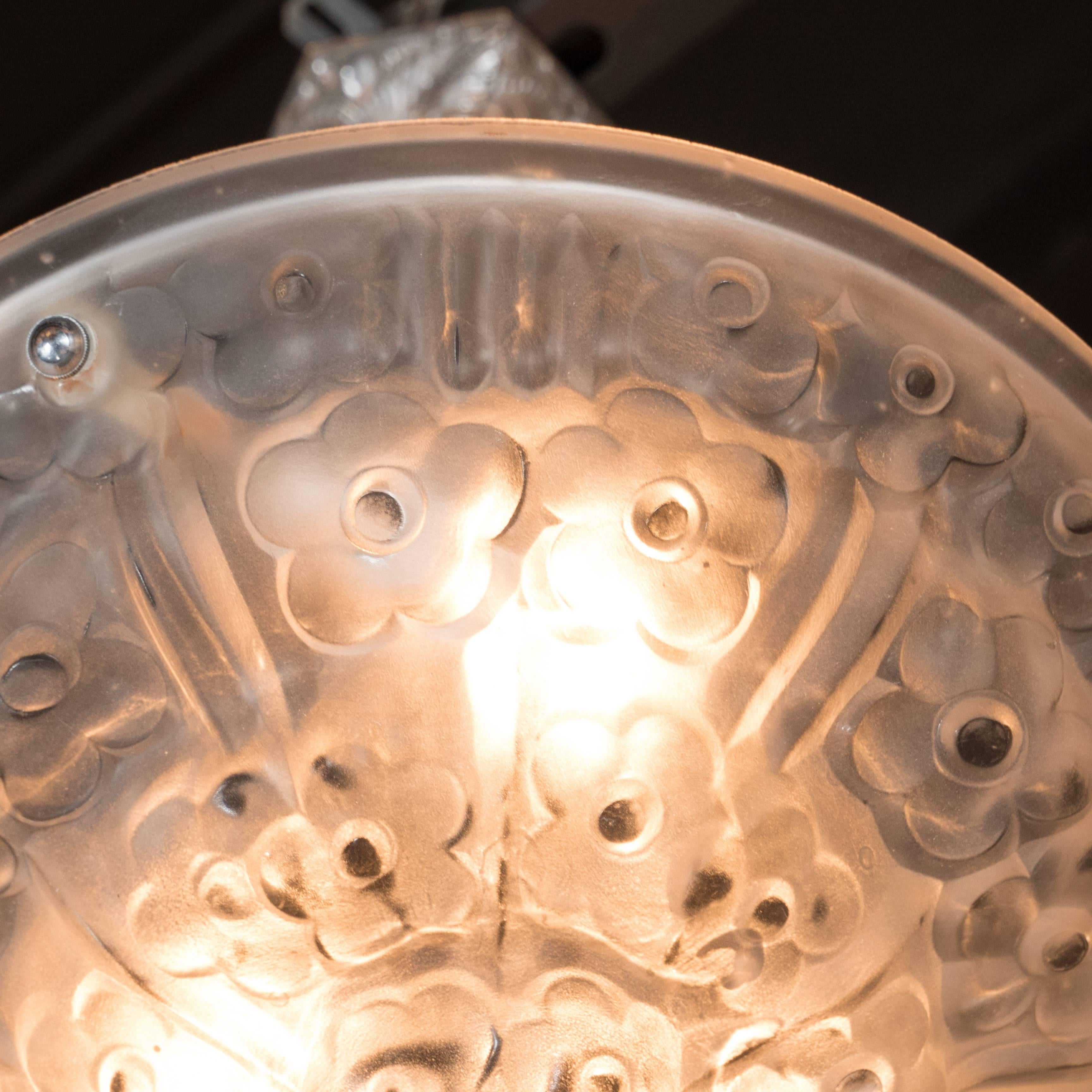 Mid-20th Century French, Art Deco Frosted Glass Reverse-Dome Floral Detail Chandelier