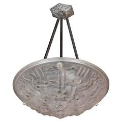 French, Art Deco Frosted Glass Reverse-Dome Floral Detail Chandelier