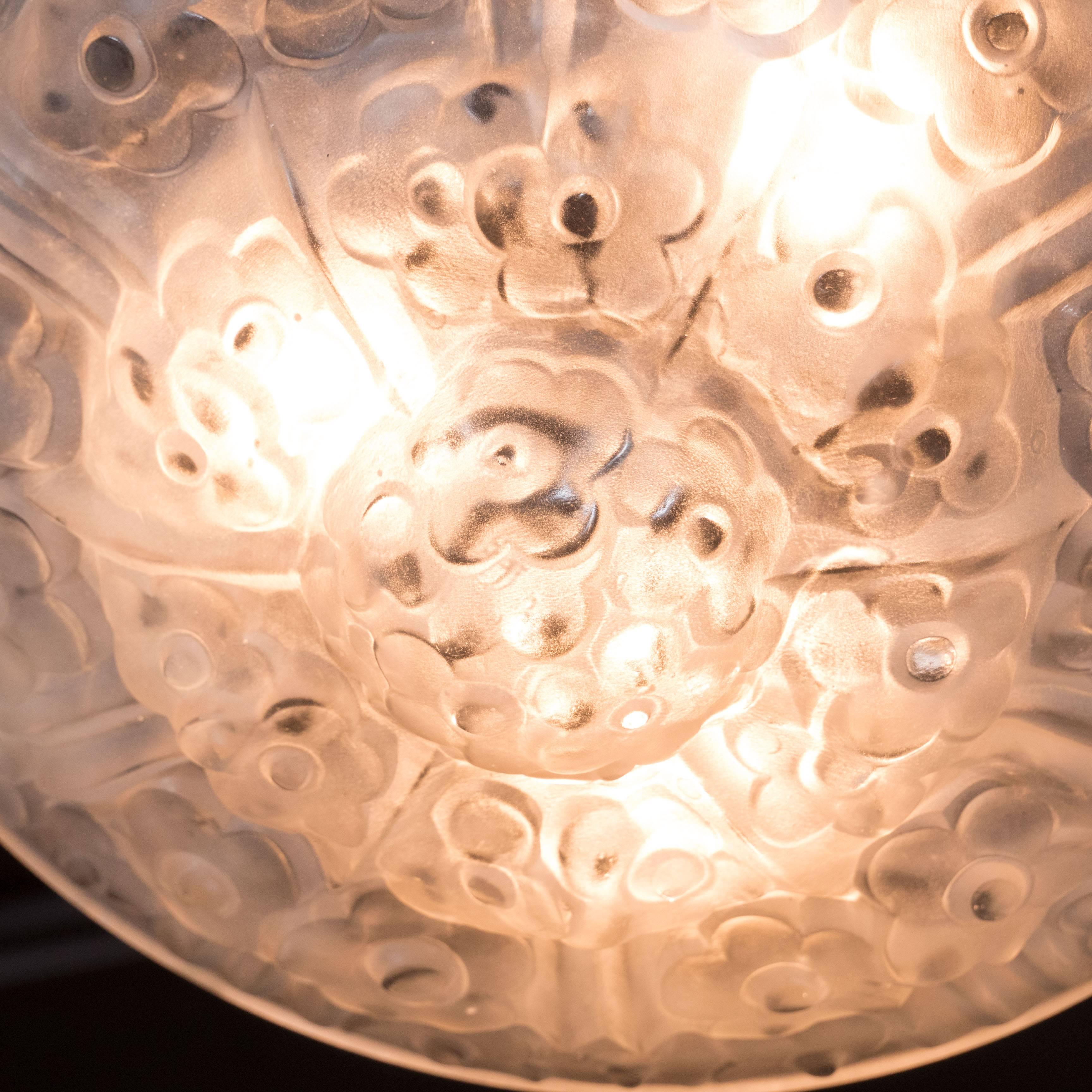French, Art Deco Frosted Glass Reverse-Dome Floral Detail Chandelier 2