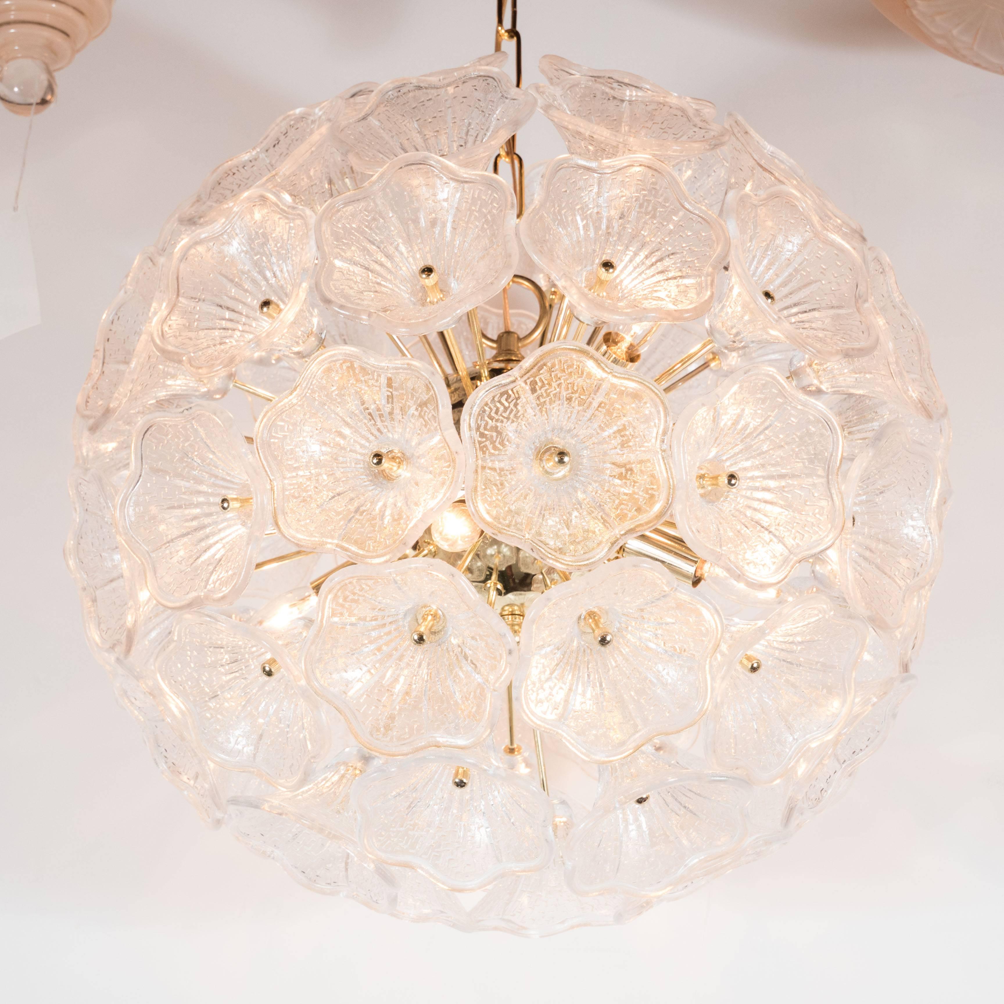 Handblown Murano Textured Glass Floral Chandelier with Polished Brass Frame In Excellent Condition In New York, NY