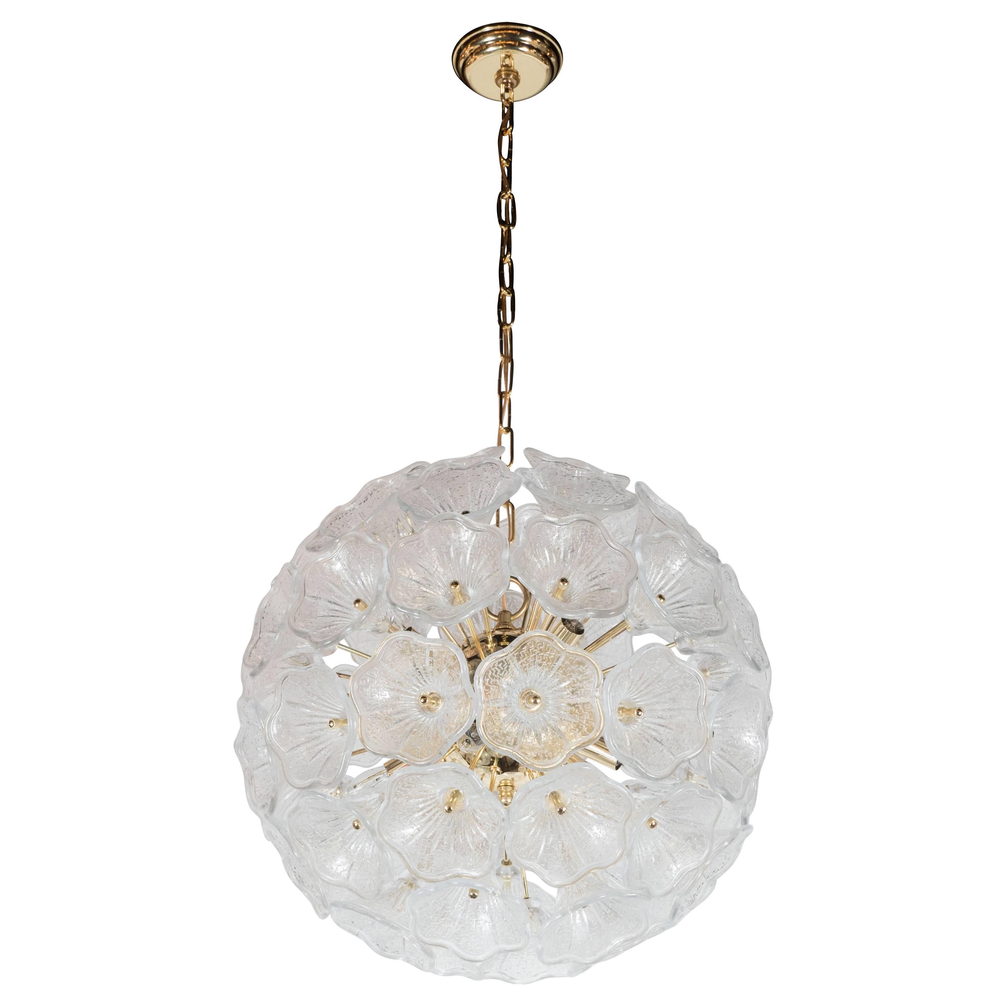 Handblown Murano Textured Glass Floral Chandelier with Polished Brass Frame