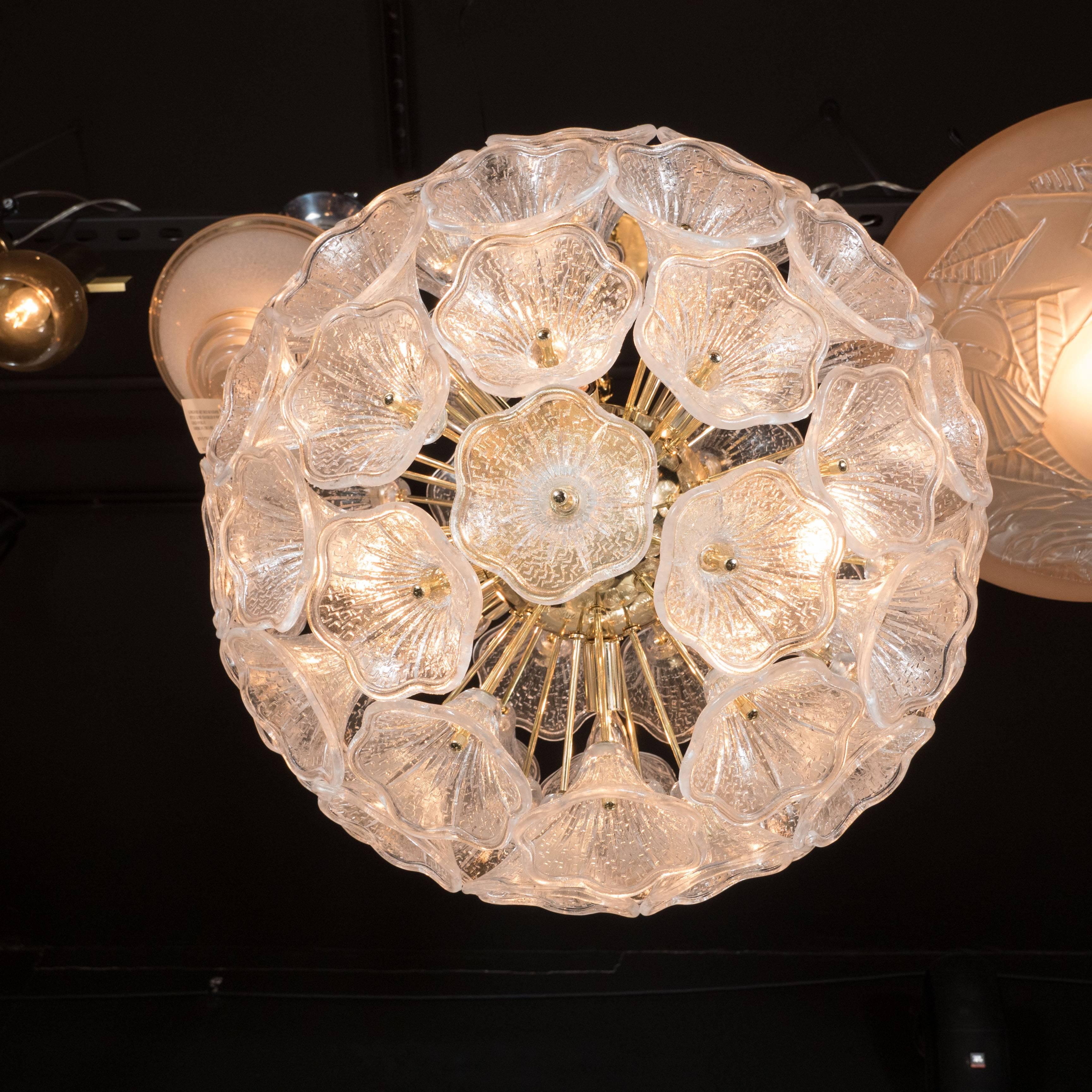 Late 20th Century Handblown Murano Textured Glass Floral Chandelier with Polished Brass Frame