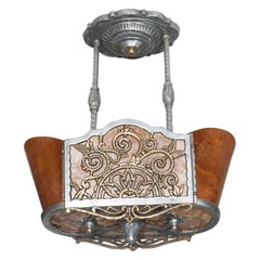 Art Deco Oval Chandelier in Mica, Bakelite and Polished Aluminum and Brass