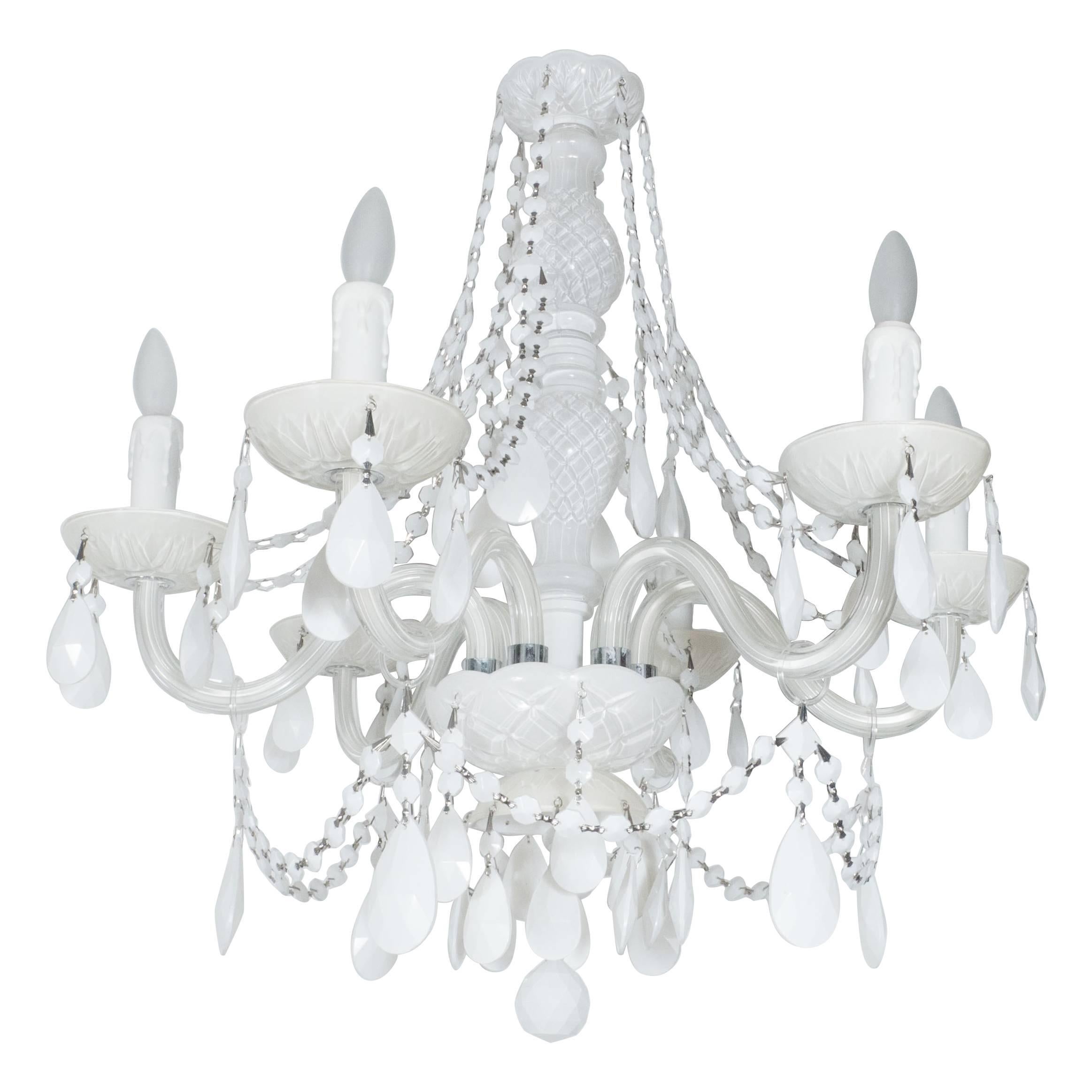 Glamorous Hollywood Regency Chandelier in White Pigment Glass and Jewel Pendants