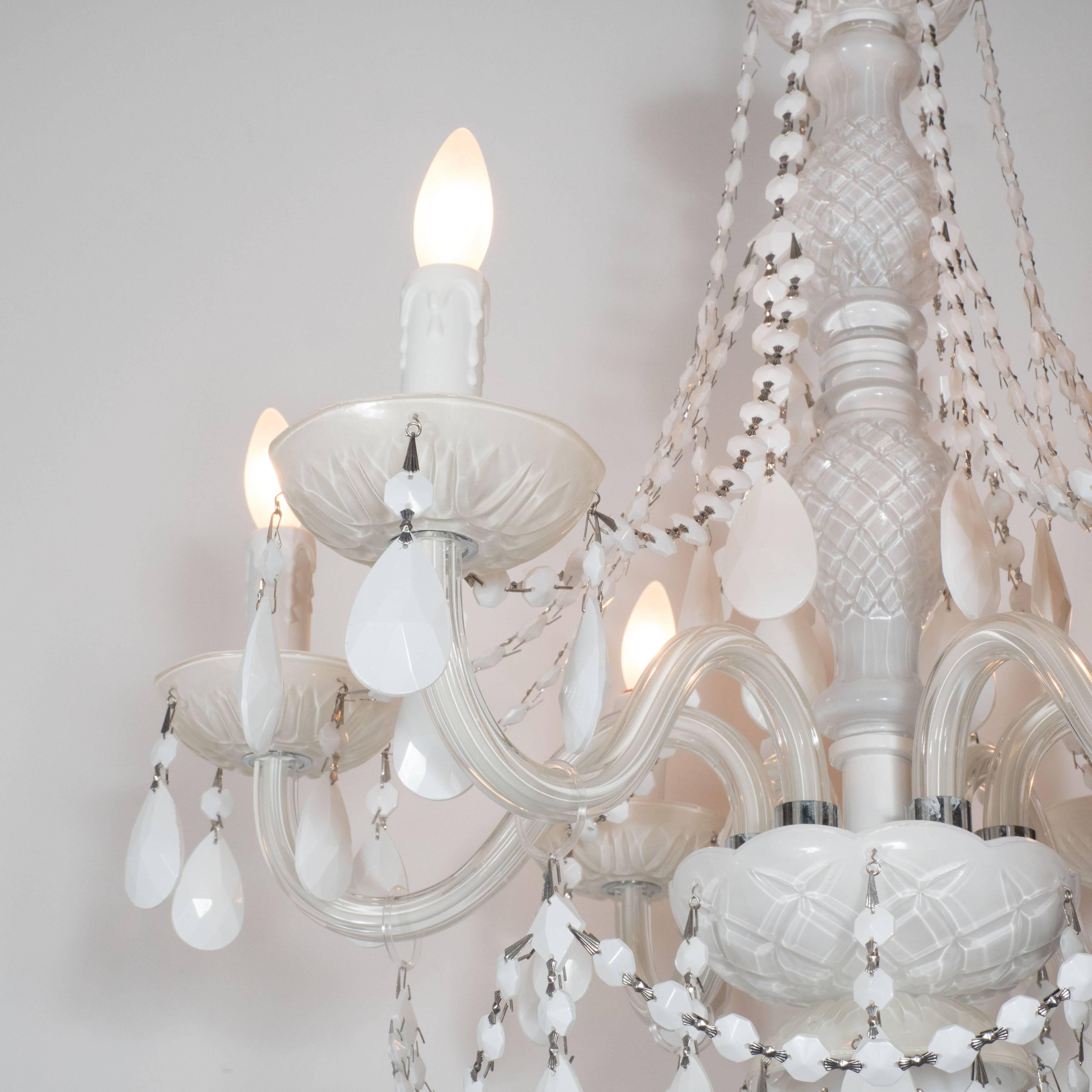 Glamorous Hollywood Regency Chandelier in White Pigment Glass and Jewel Pendants In Excellent Condition For Sale In New York, NY