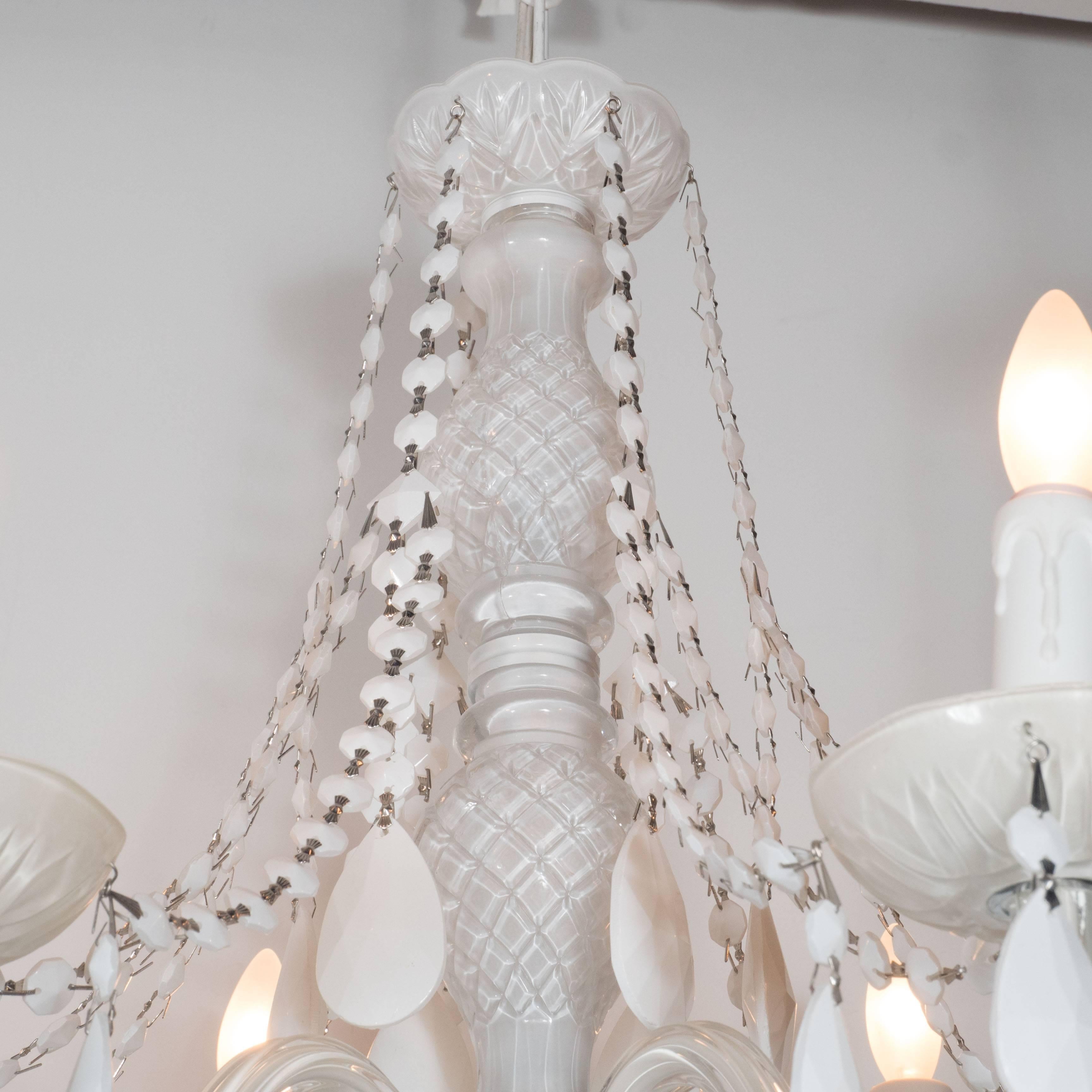 American Glamorous Hollywood Regency Chandelier in White Pigment Glass and Jewel Pendants For Sale