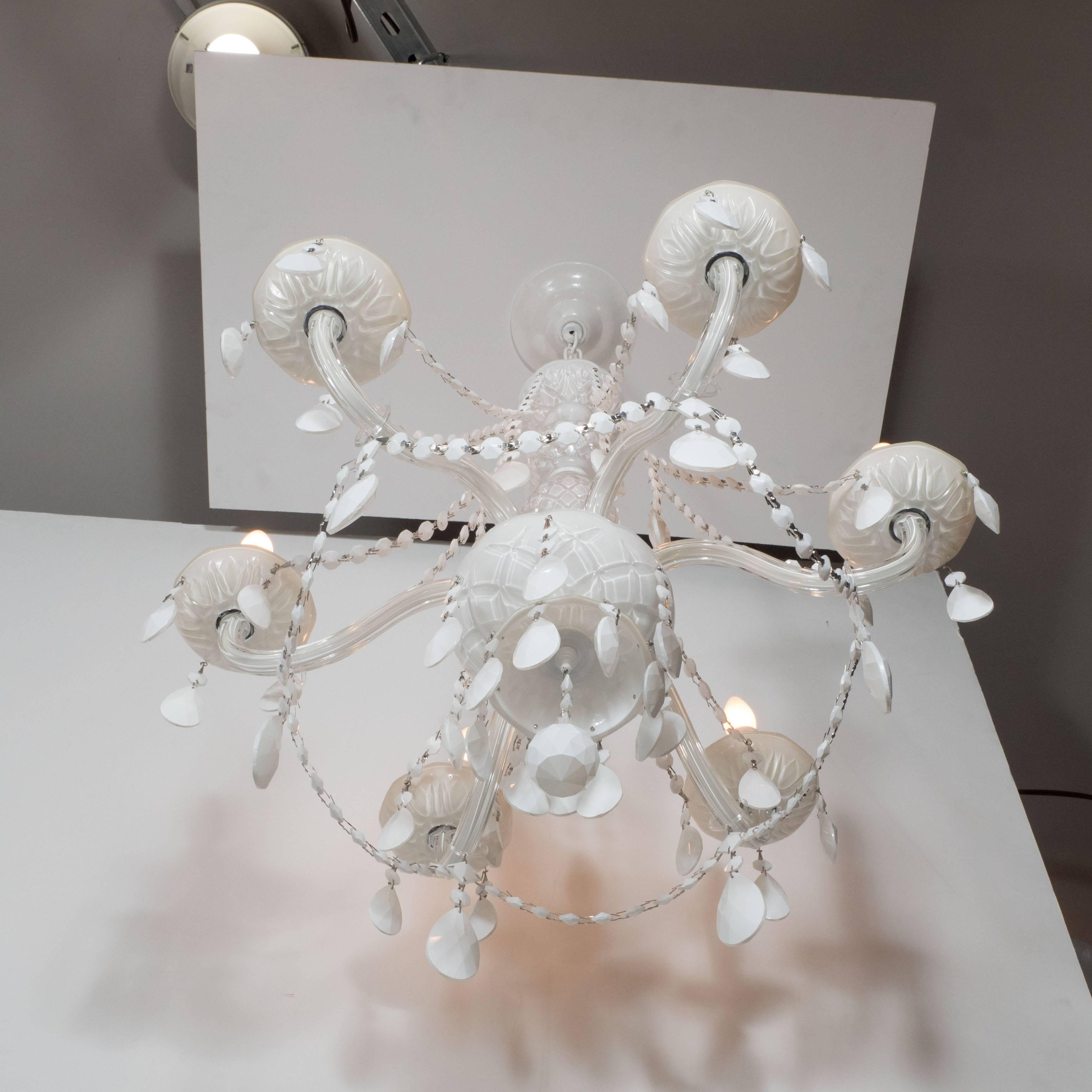 Late 20th Century Glamorous Hollywood Regency Chandelier in White Pigment Glass and Jewel Pendants For Sale