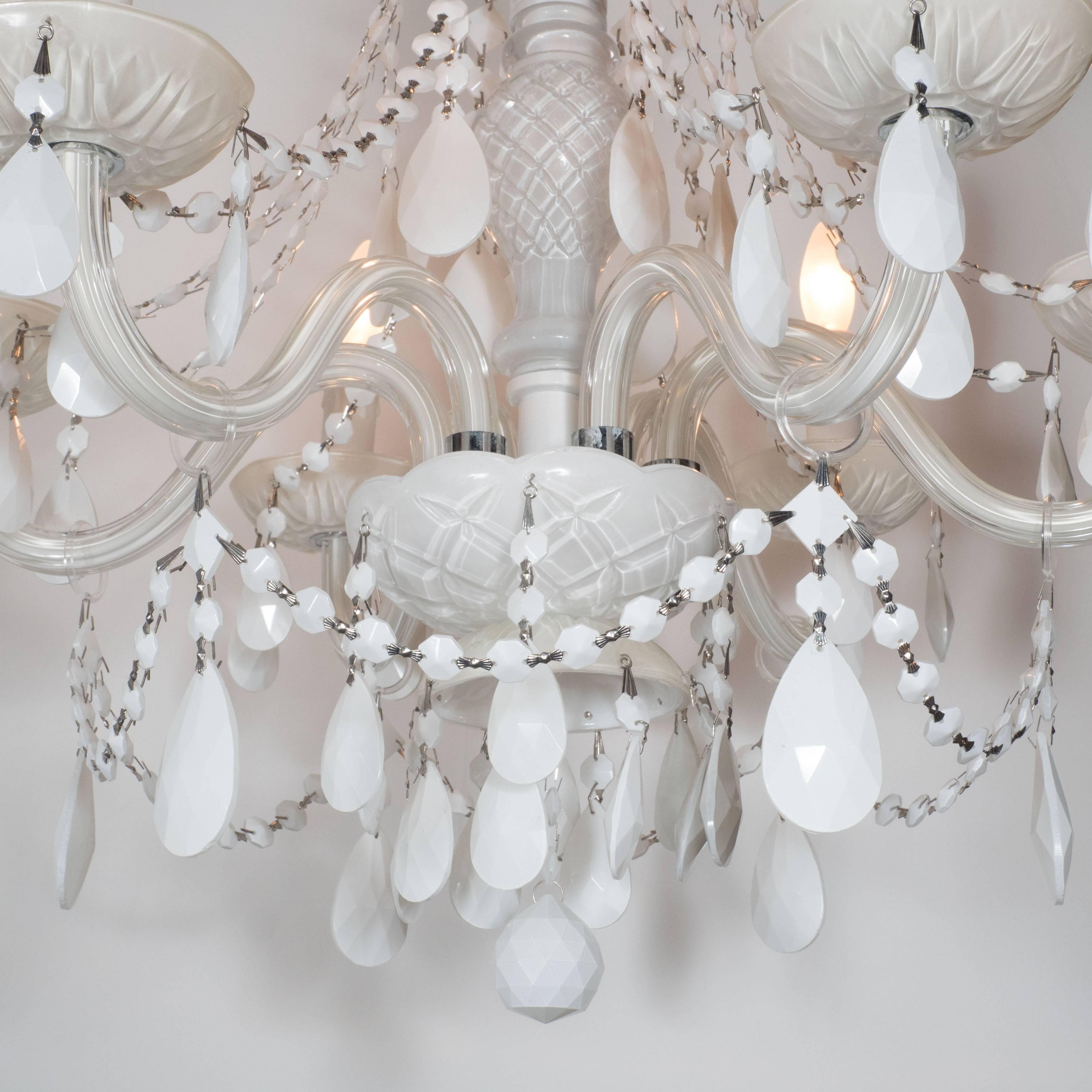 Glamorous Hollywood Regency Chandelier in White Pigment Glass and Jewel Pendants For Sale 1
