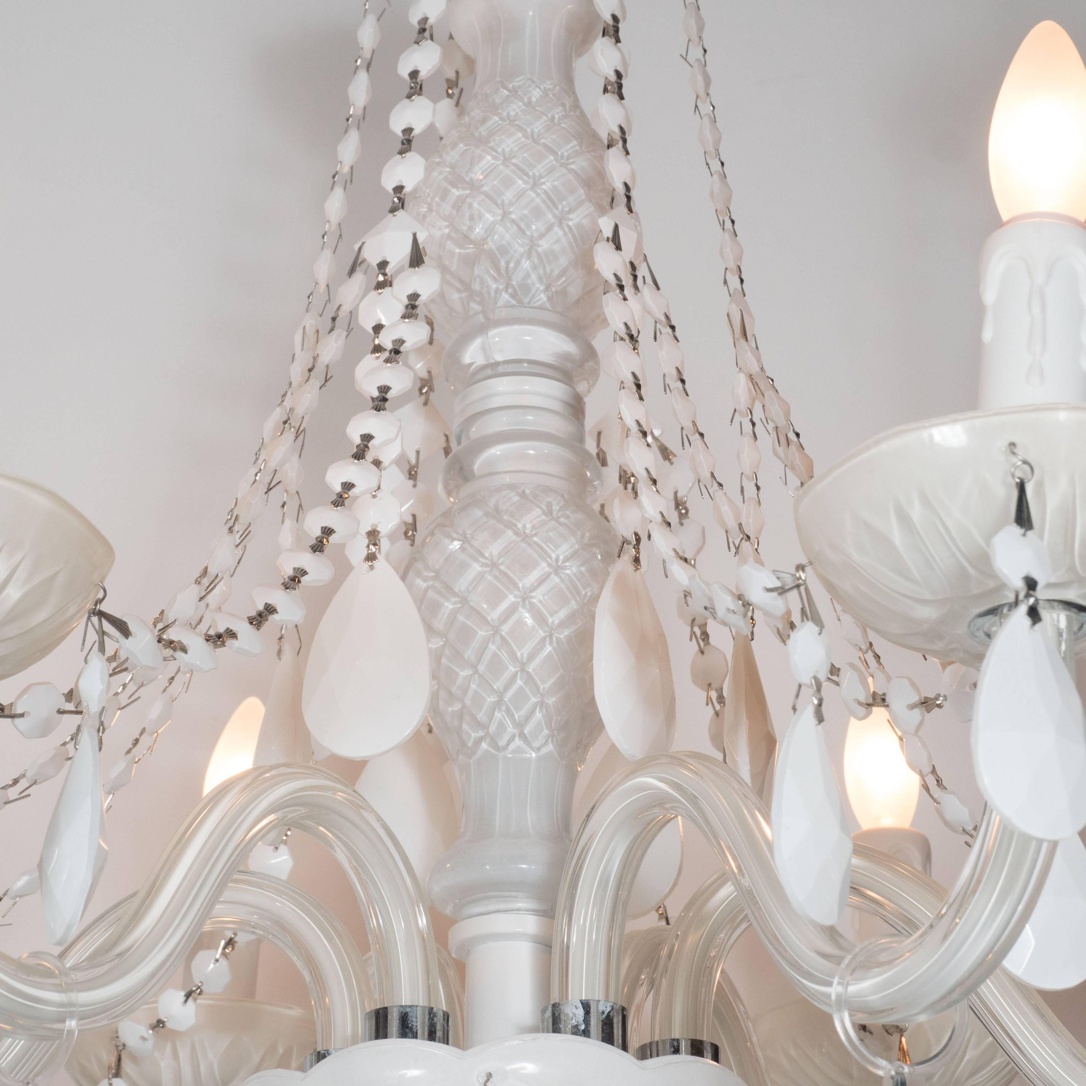 Glamorous Hollywood Regency Chandelier in White Pigment Glass and Jewel Pendants For Sale 2