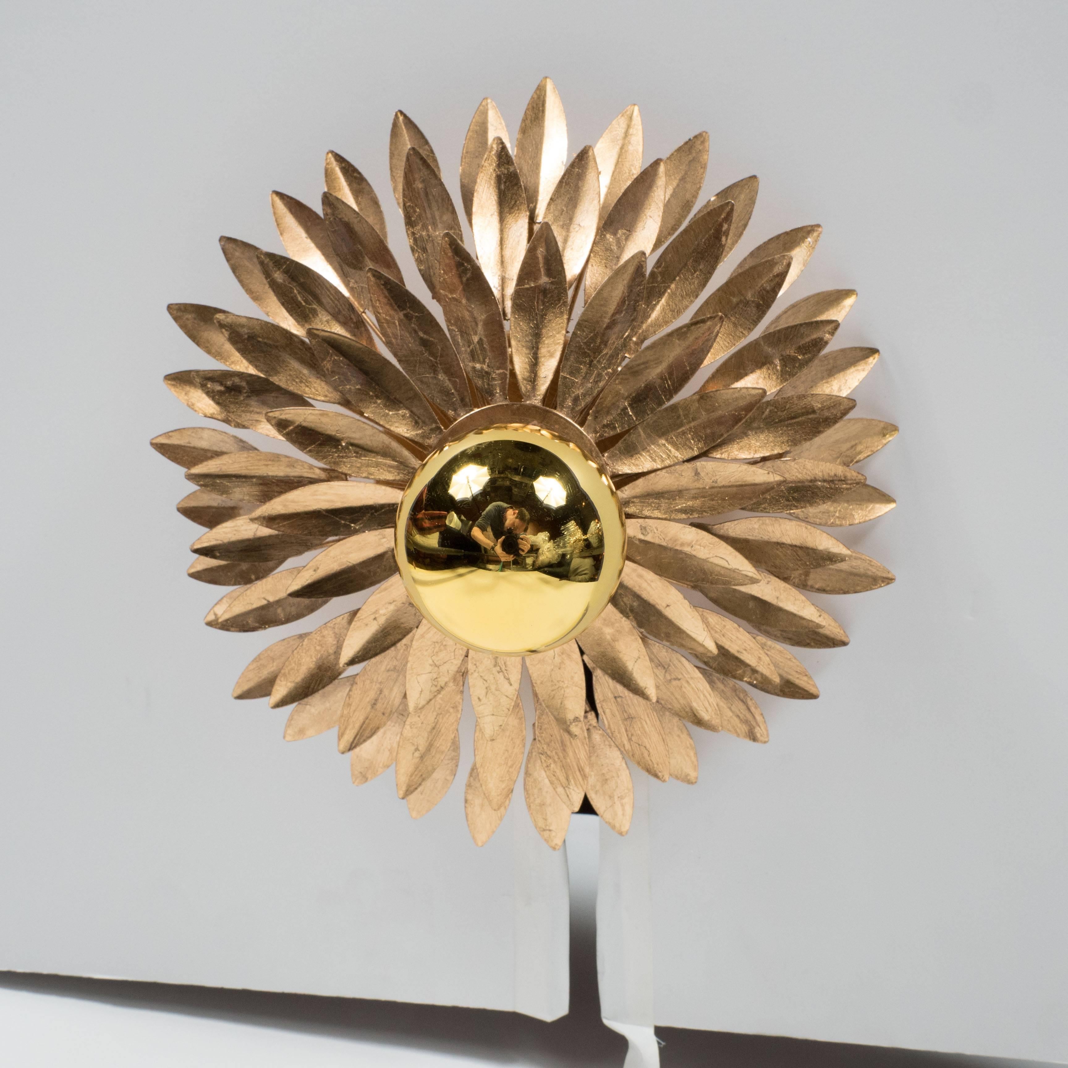 Hollywood Regency Gilded Brass Starburst Flush Mount Chandelier In Excellent Condition In New York, NY