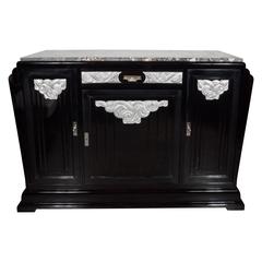 Magnificent Art Deco Sideboard in Black Lacquer, Silver Leaf and Exotic Marble