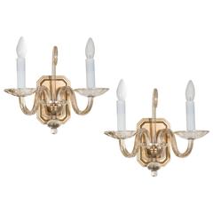 Elegant Pair of Two-Arm Murano Sconces in Brushed Brass and Champagne Glass