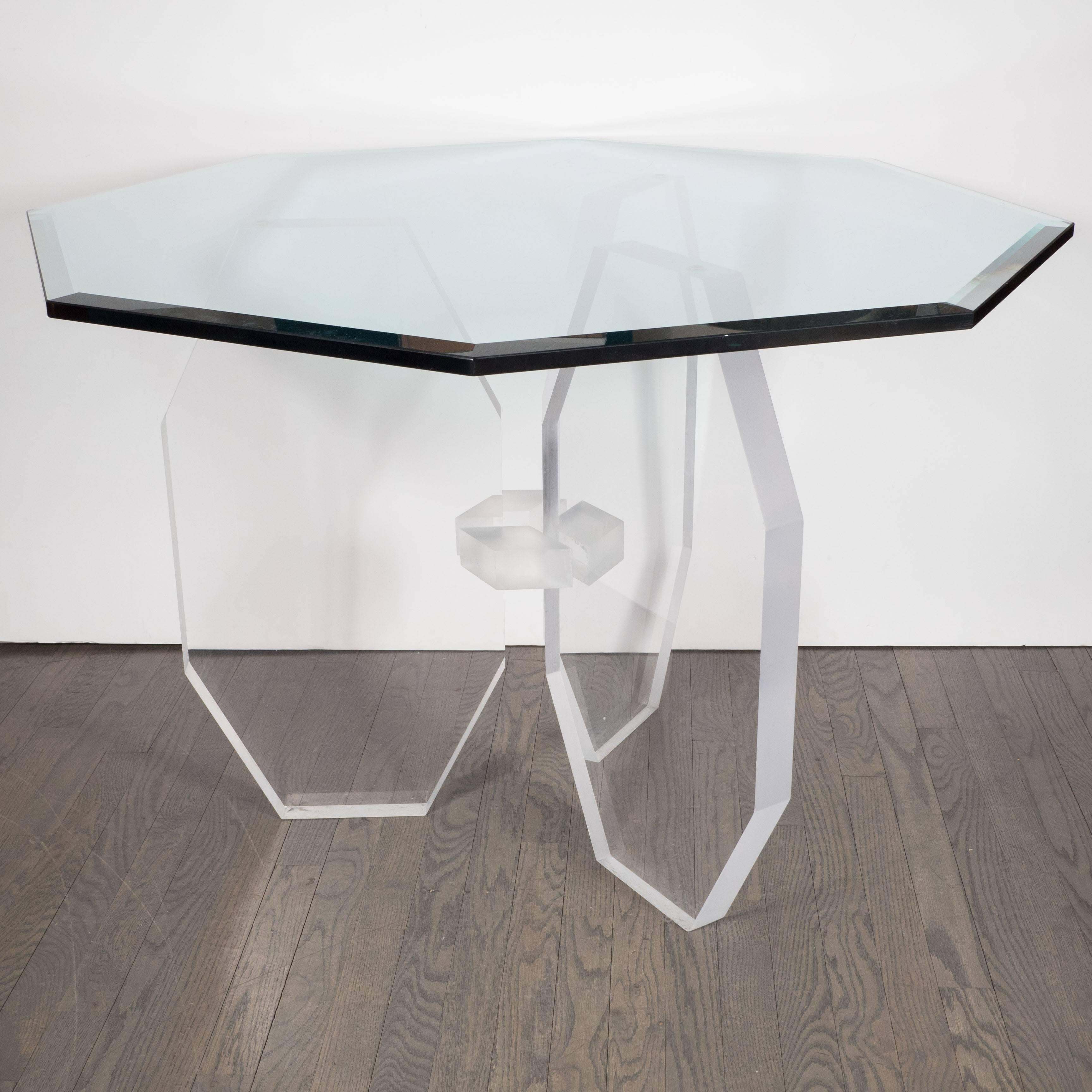 Late 20th Century Mid-Century Modernist Sculptural Faceted Lucite and Bevelled Glass Dining Table 