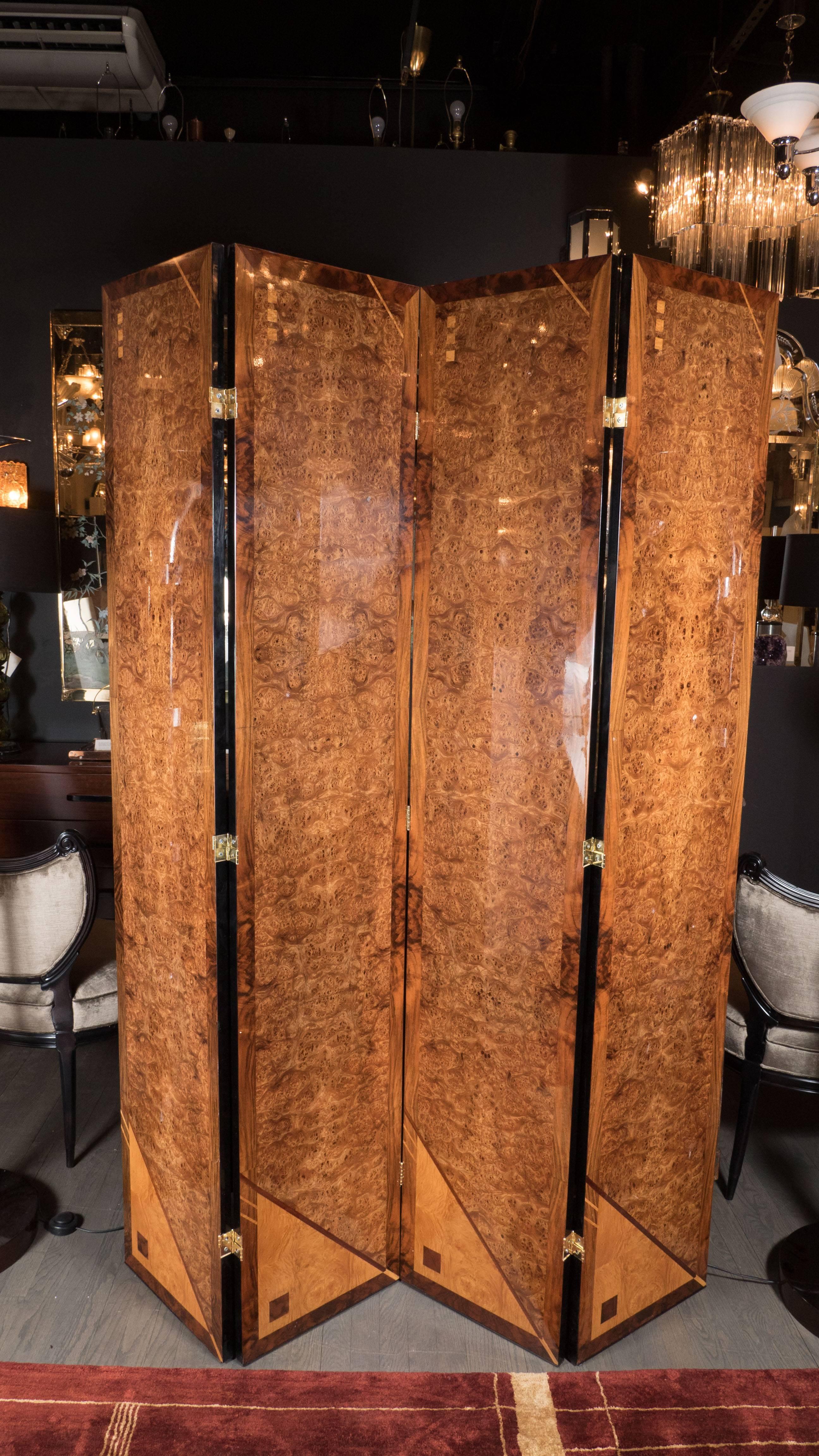 American Art Deco Style Four Panel Screen in Burled Carpathian Elm with Geometric Shapes